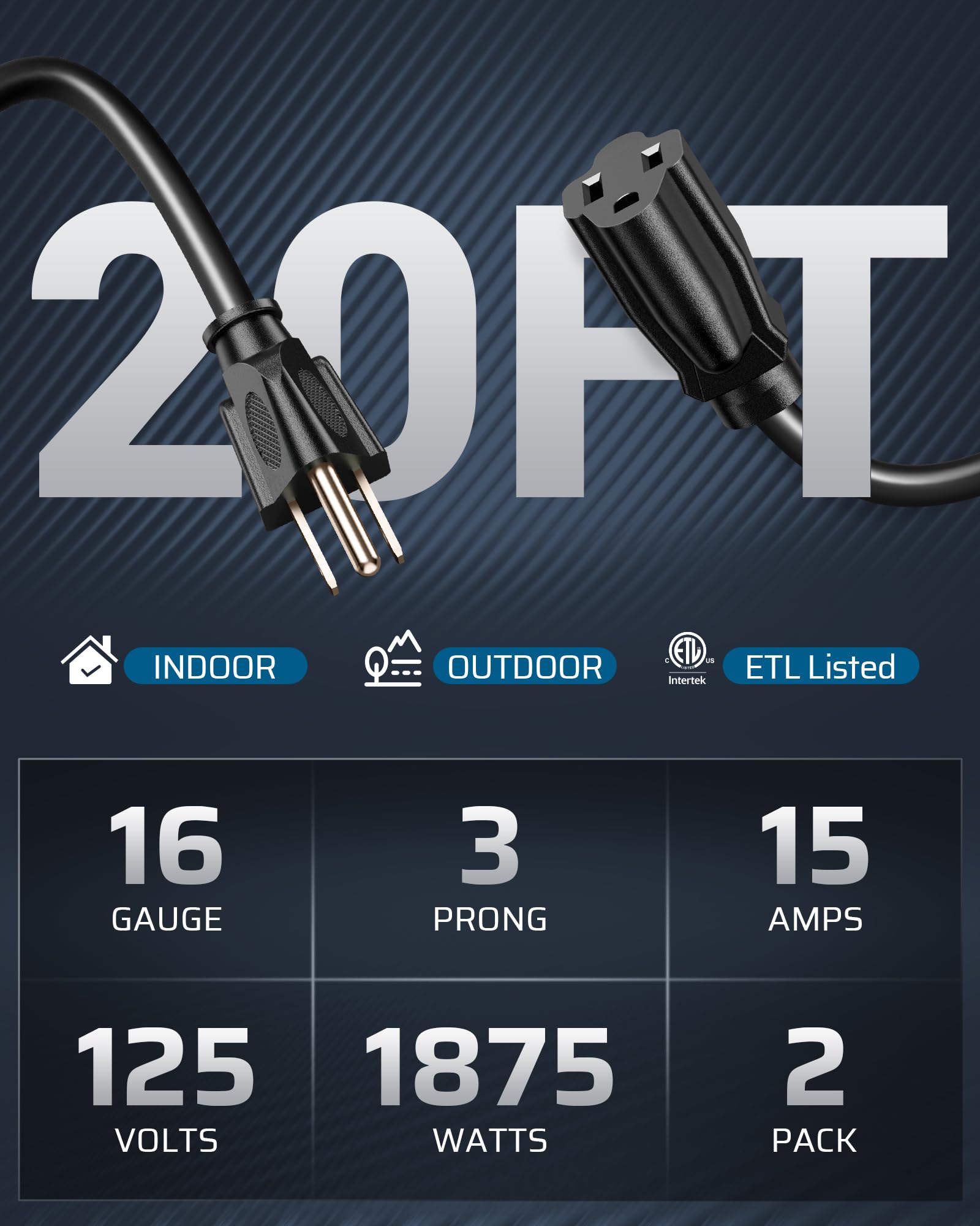 Dewenwils Outdoor Extension Cord 20Ft, 3 Prong Waterproof Extension Cable For Indoor Outdoor Appliances, 16/3 Sjtw, Black, Etl L