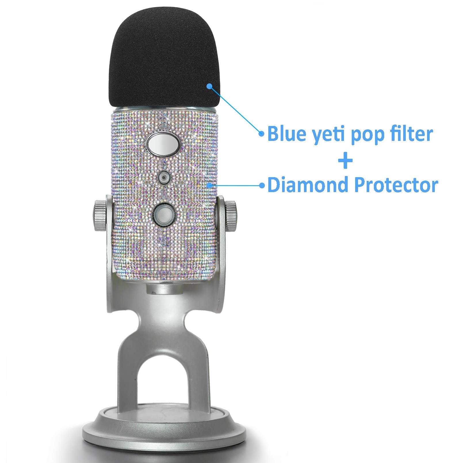 YOUSHARES Blue Yeti Pop Filter   Cute Glitter Sticker, Bling Diamond Shiny Skin with Mic Foam Winscreen Compatible with Blue Yeti Microphones (Silver)