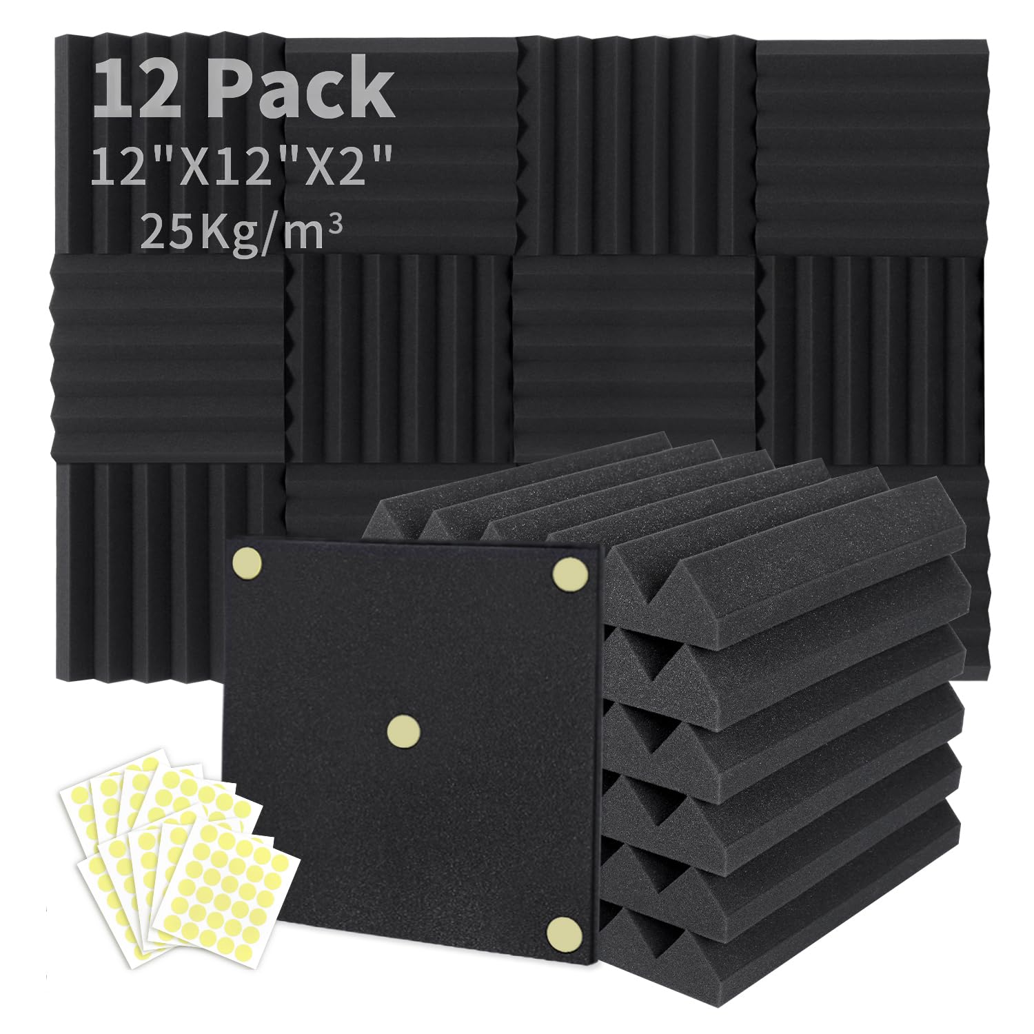 Focusound 12 Packs Acoustic Foam Panels Wedge 2'' X 12'' X 12'', Soundproofing Foam Noise Cancelling Foam With 60 Pcs Double Sid