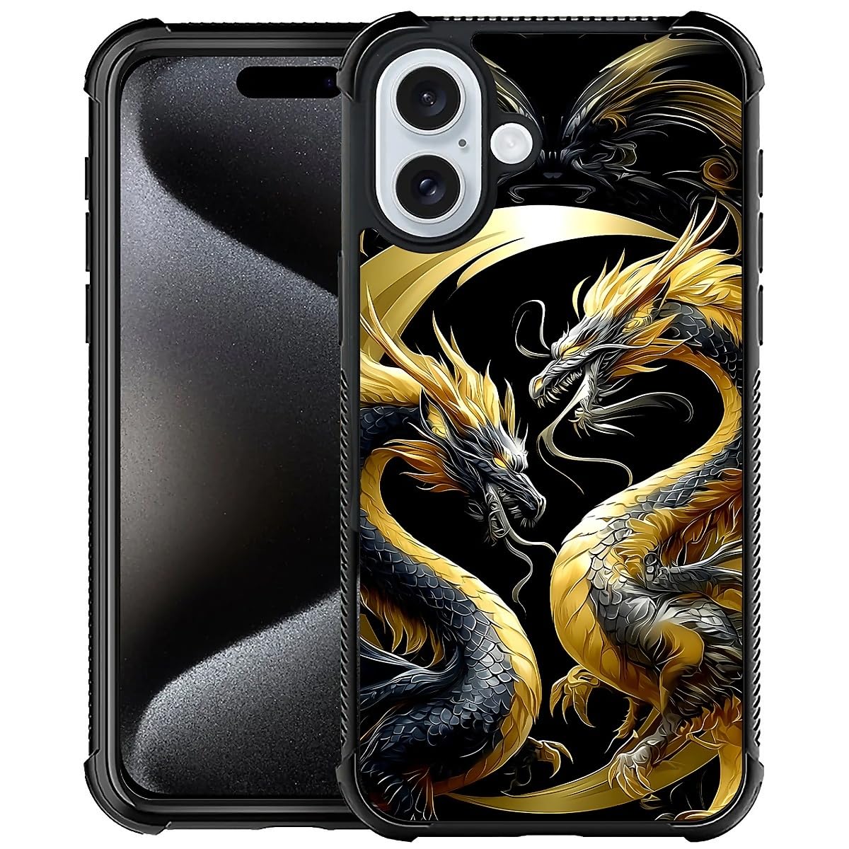 Deaorew for iPhone 16 Case | Classic Slim Cover Design | Golden Black Dragon