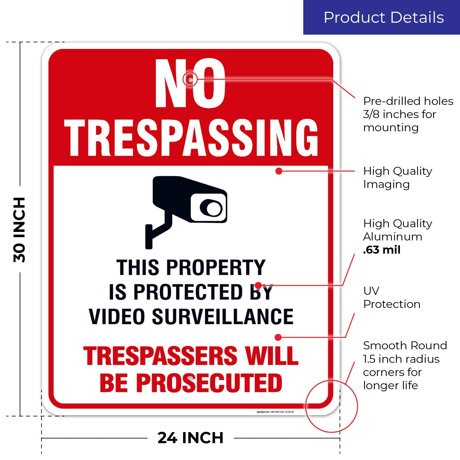 Sigo Signs, Video Surveillance No Trespassing Sign, Cctv Security Camera, 24X30 Inches, Rust Free .063 Aluminum, Fade Resistant,