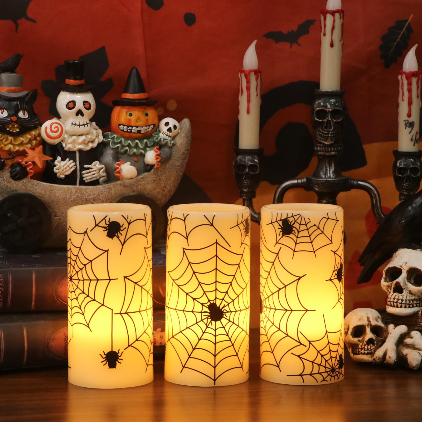 Eldnacele Halloween Flameless Candles With Timer,Battery Operated Spider Cobweb Decal Flickering Candles Real Wax Led Pillar Can
