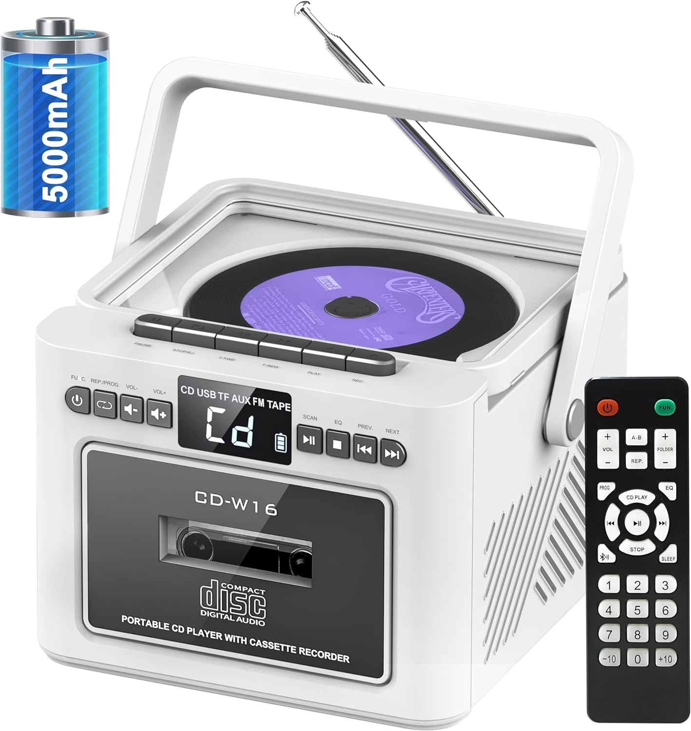 Jazmm Boombox Cd Player,Cd Cassette Player Combo With Bluetooth,5W Hifi Speakers,Built In 5000 Rechargeable Battery,Fm Radio,Tap