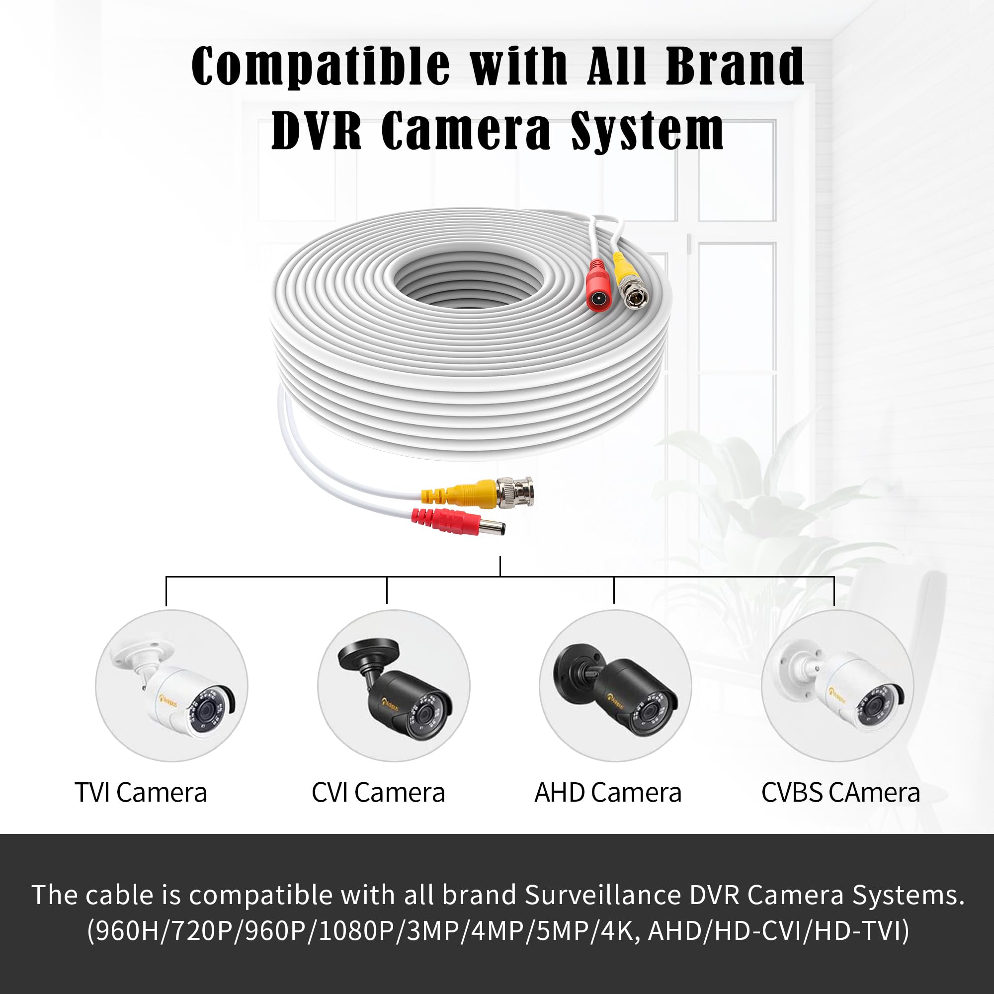 Omilik 1 Pack 100Ft White Bnc Video Power Cable Security Camera Cable Wire Cord For Cctv Dvr Surveillance System With Connectors