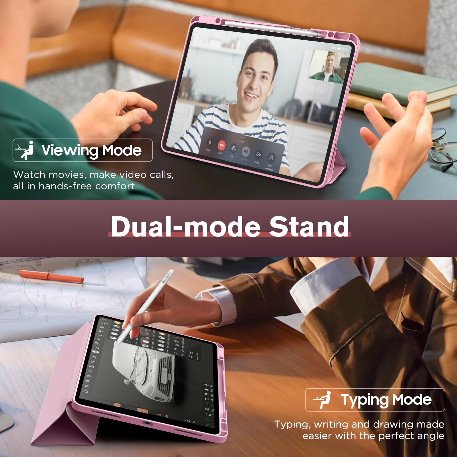 MoKo for iPad Air 13 Inch Case M2 2024/ iPad Pro 12.9 Case (6th/5th Gen 2022/2021) with Pencil Holder, Smart Protective Cover for iPad Air 13 inch with Back Trifold Stand, Auto Wake/Sleep, Light Pink