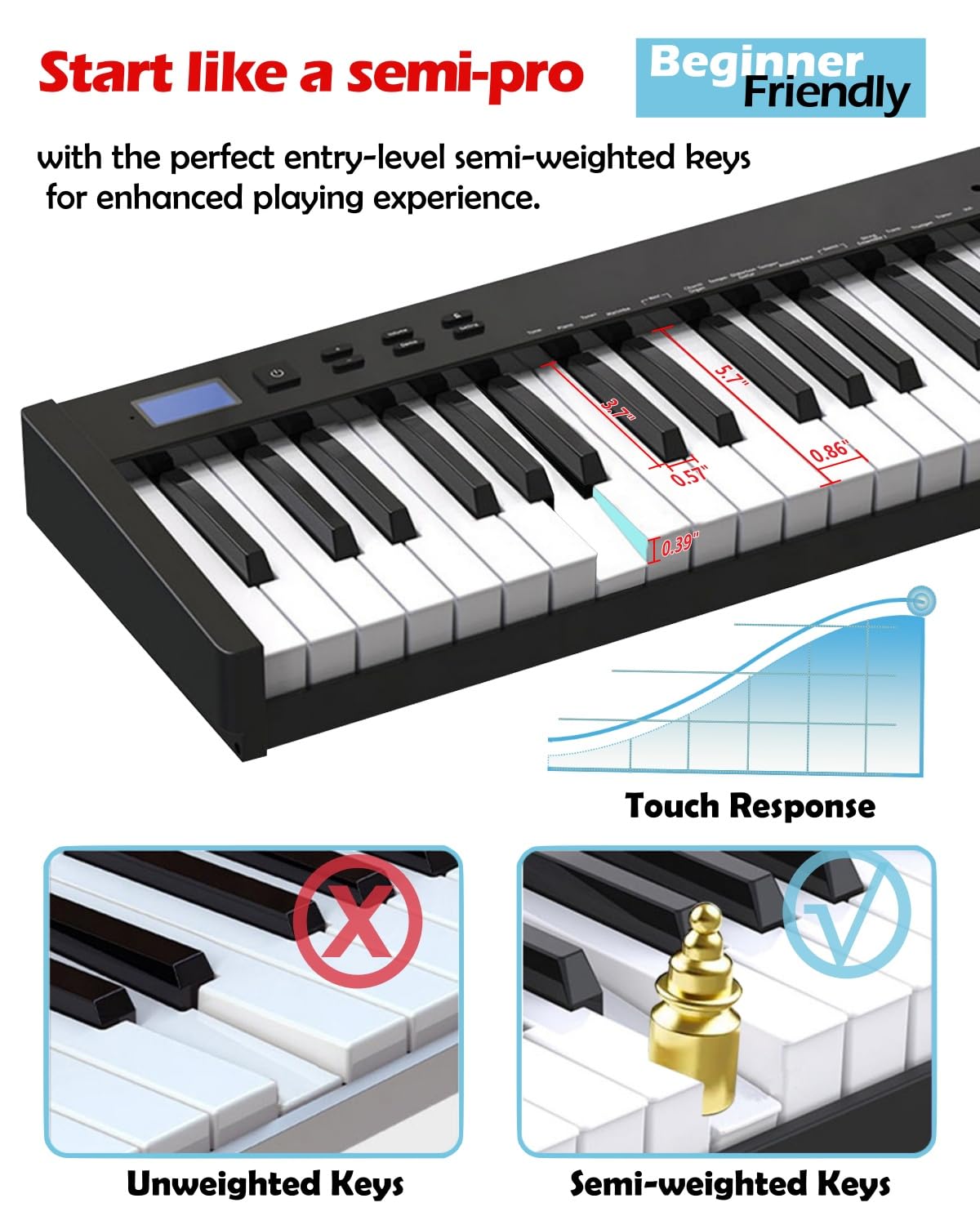 Nikomaku Piano Keyboard 88 Keys Semi Weighted Compact Portable Digital Piano Set For Beginners With Stand, Carrying Case, Sustai