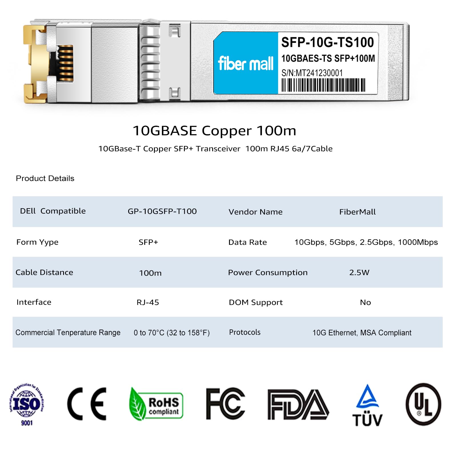10G Sfp+ To Rj45 Copper 100M Transceiver Module For Dell Gp 10Gsfp T100 10Gbase T Sfp+ 100M Rj45 Cat6A/7