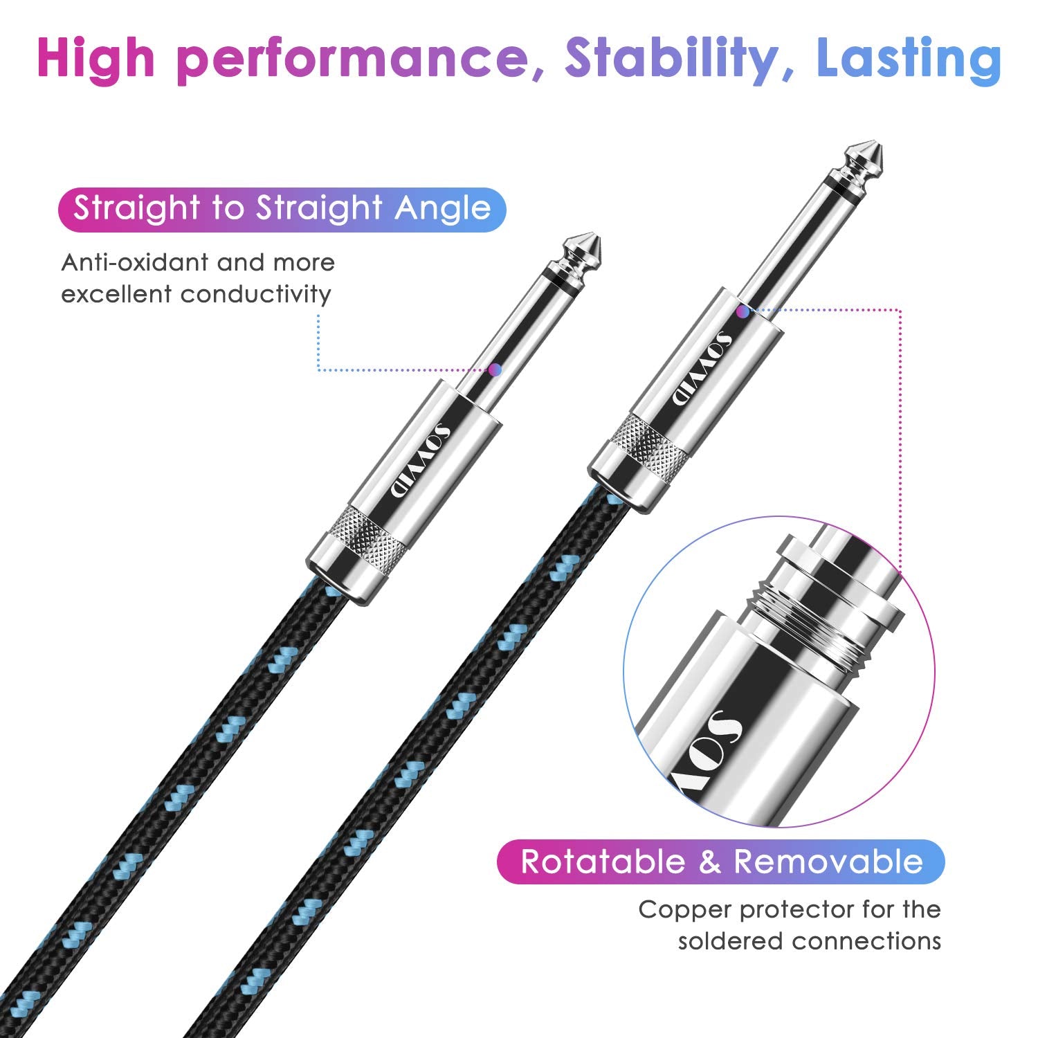 Sovvid Guitar Cable 10Ft Professional Instrument Cable Electric Guitar Amp Cord 1/4Inch Ts Cable For Guitar Bass Mandolin Keyboard And Pro Audio Straight Angle Black Blue