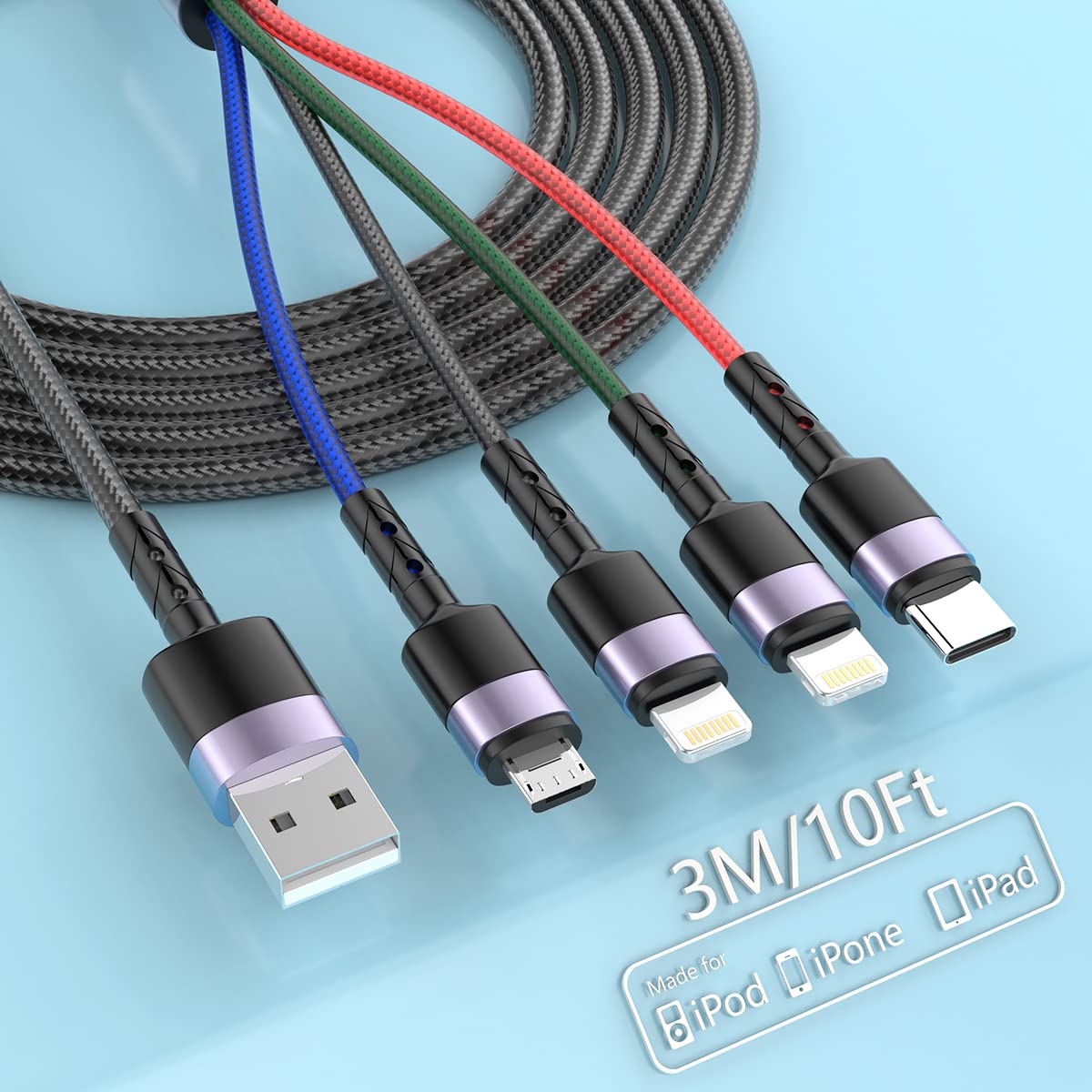 3M/10Ft 4 In 1 Multi Charging Cable(Lightning*2+Type C+Micro Usb), Multi Charger Cable Iphone, Multiple Usb Fast Charging Cord Adapter Compatible With Iphone/Tablets/Samsung/Sony/Lg And More