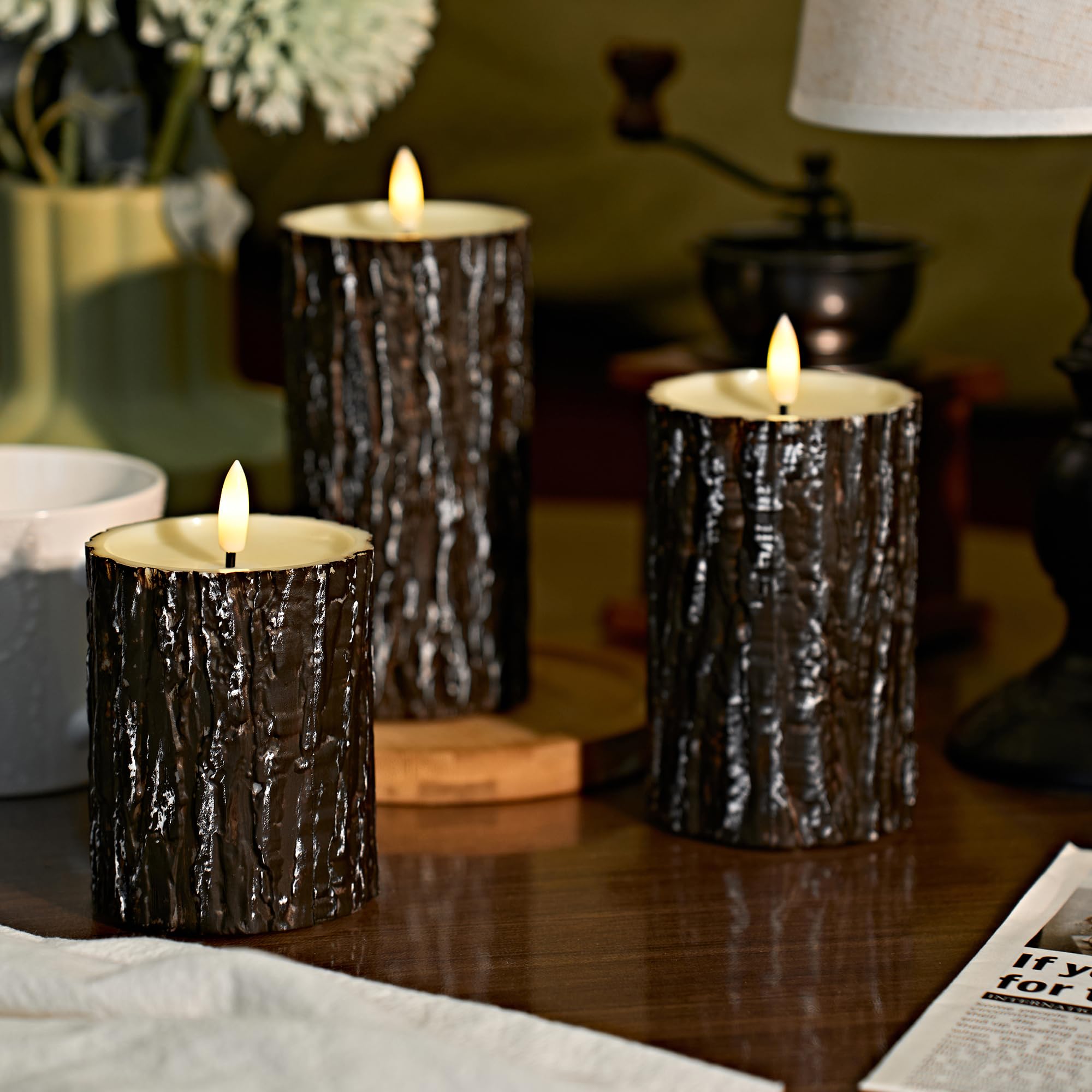 Comenzar Flameless Candles Battery Operated Candles Pine Bark Effect Real Candle Flickering 3D Wick Electric Home Decor Festival