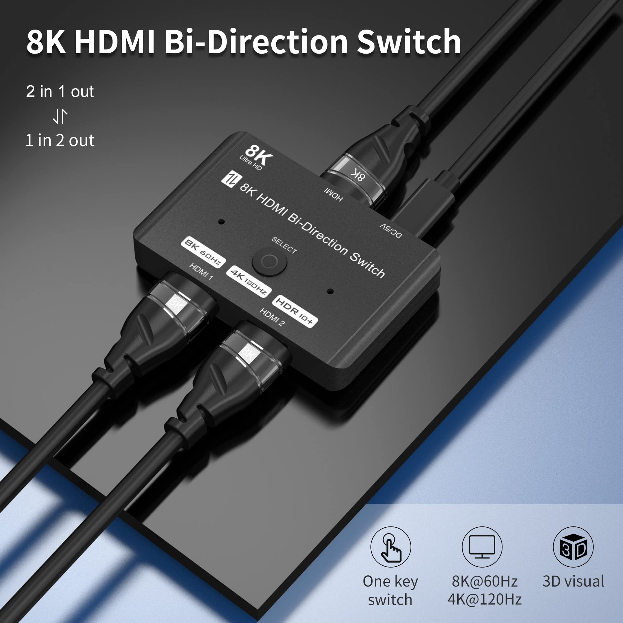 Hdmi 2.1 Bi Directional Switch Ultra Hd 8K Hdmi Switcher 2 In 1 Out/ 1 In 2 Out Hdmi Switch Supports 8K@60Hz/ 4K@120Hz 48Gbps Co