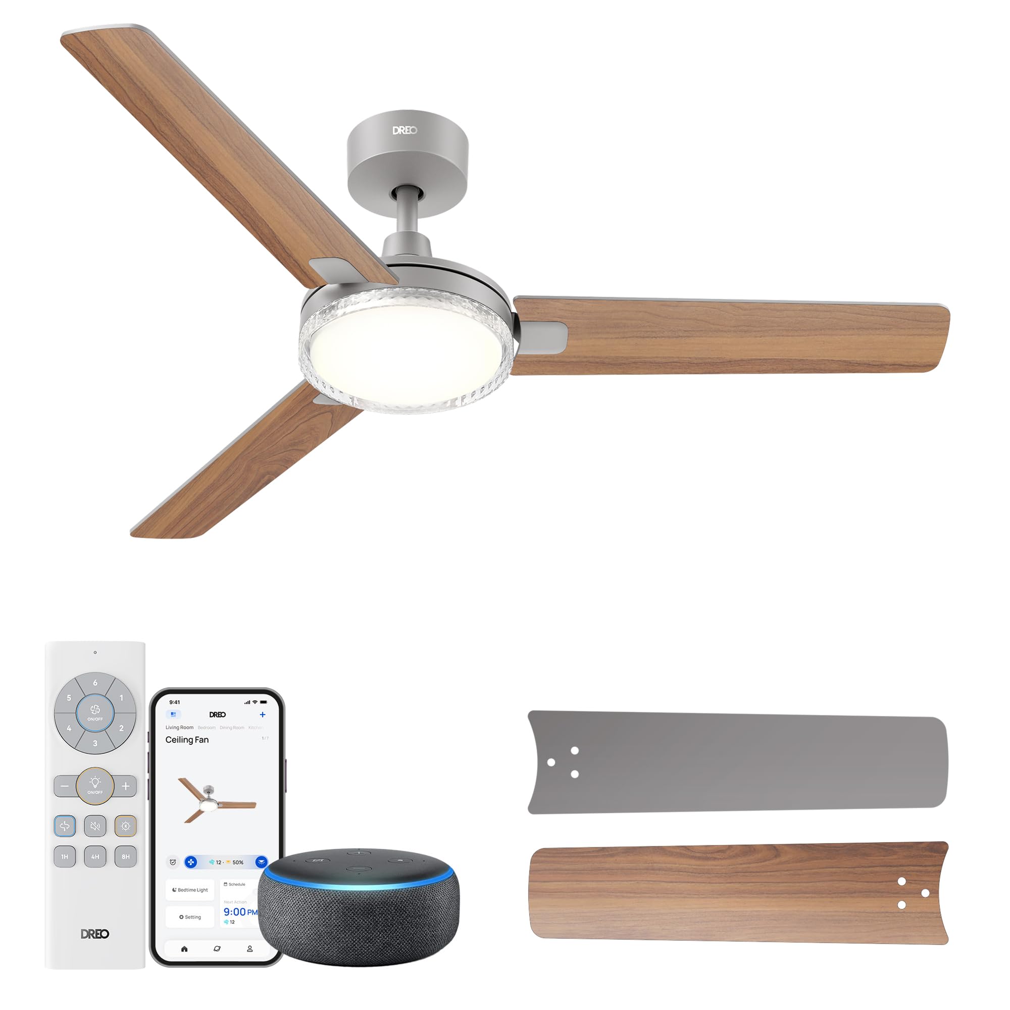 Dreo Smart Ceiling Fans with Lights, 52 Inch Grey Ceiling Fan, 12 Speeds & 3 Fan Modes, Stepless Color Tones, Dimmable LED Light