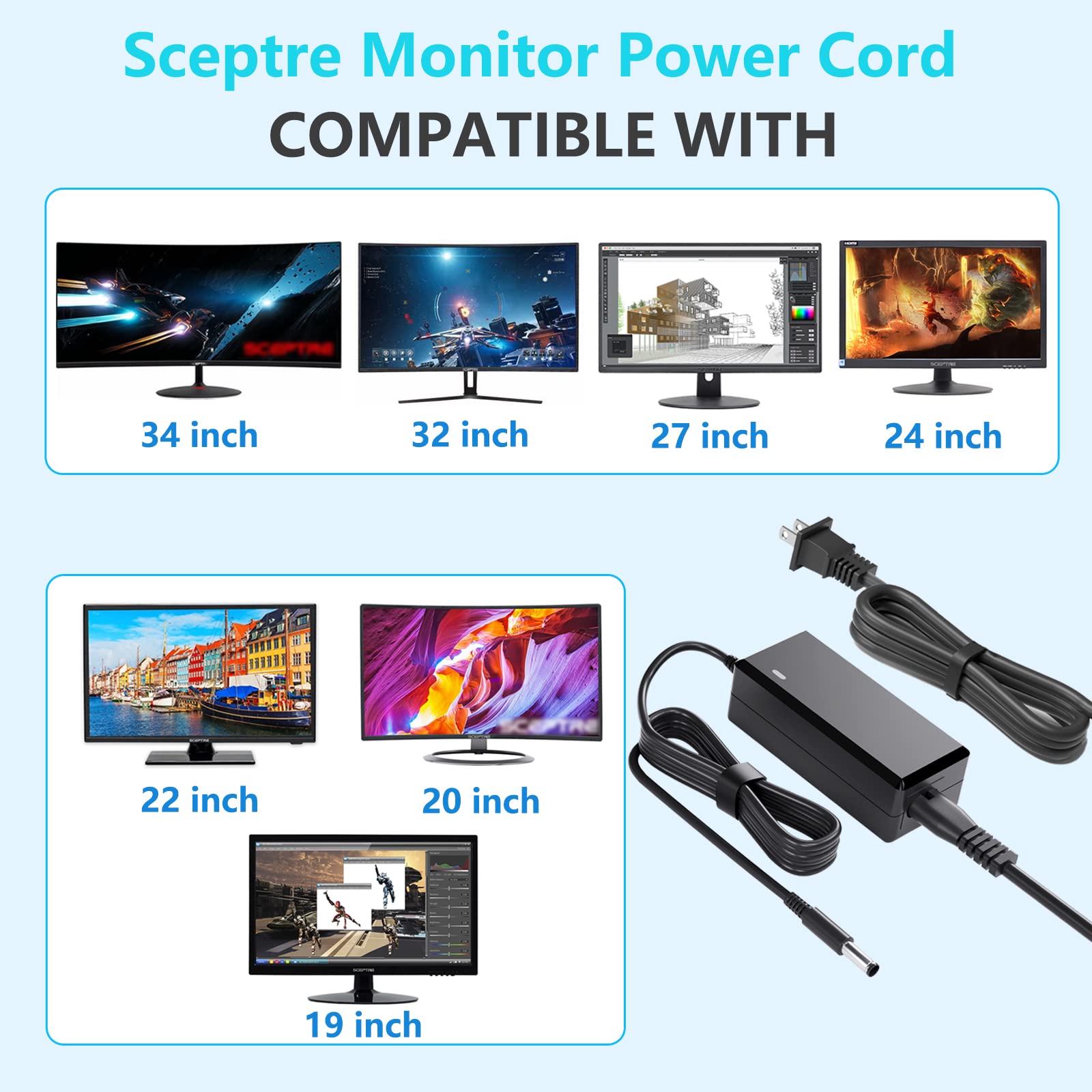 Replacment For Sceptre Monitor Power Cord 12V Ac Adapter For Sceptre Ec Series 32' 30' 27' 24' 22' 20' 19' 15' E248W E225W E205W E275W Screen Led Lit & Supersonic Monitor Power Supply Cord Charger