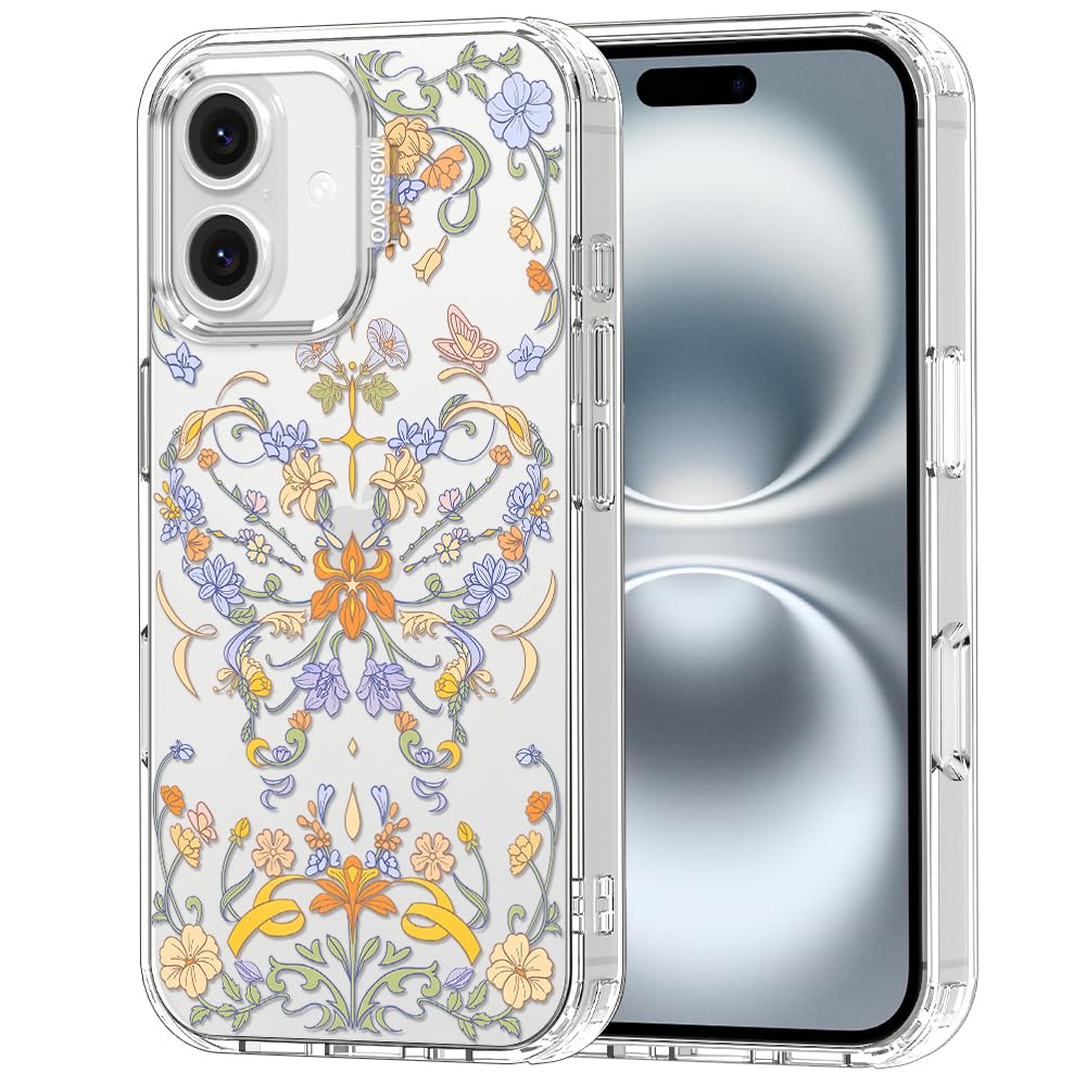 MOSNOVO for iPhone 16 Case, Shockproof Military-Grade Protection 6.6ft Drop Tested, Clear Phone Case for iPhone 16, Garden of Bu