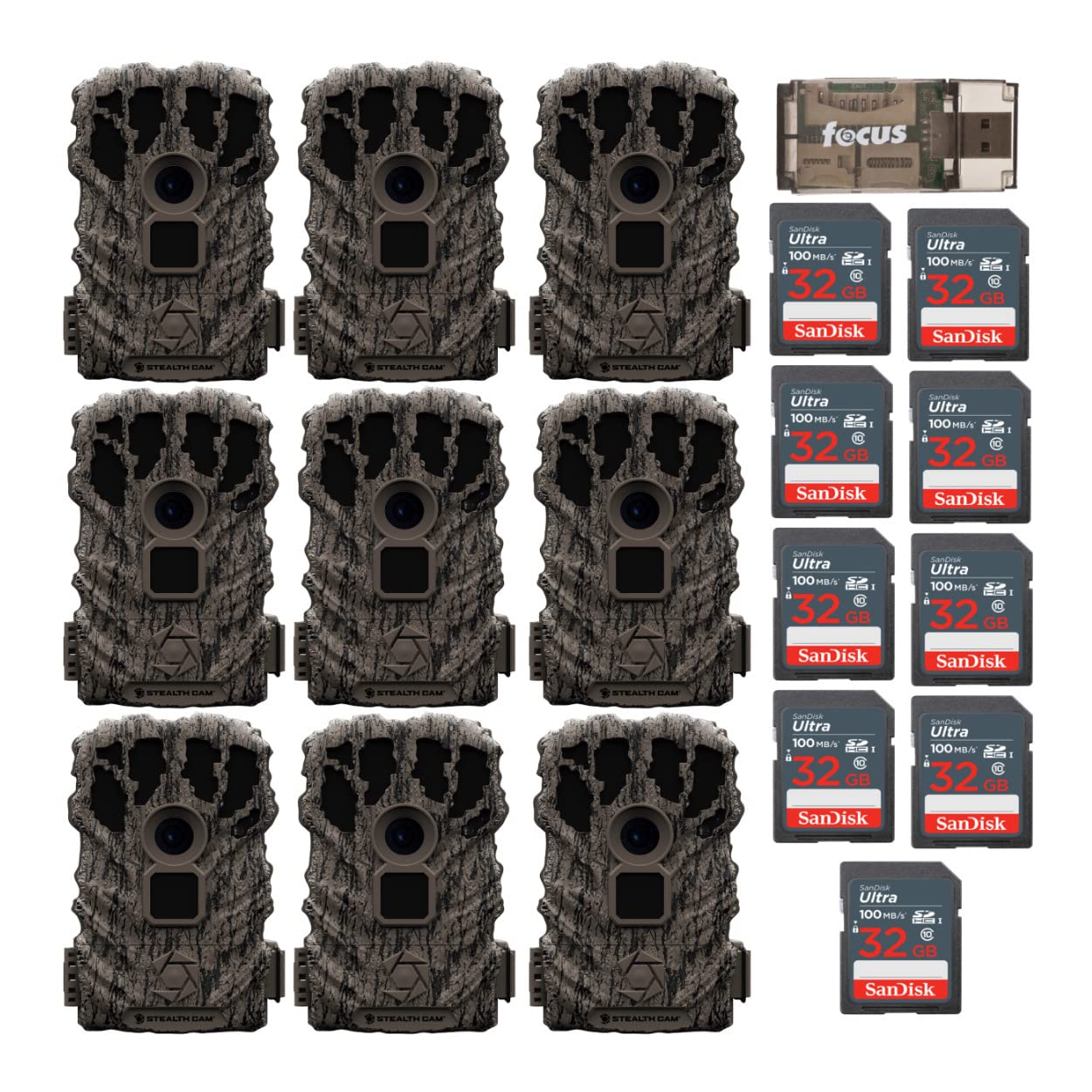 Stealth Cam Browtine 14Mp Camera (3 Pack) With 32Gb Memory Card (9 Pack) And Card Reader Bundle (13 Items)