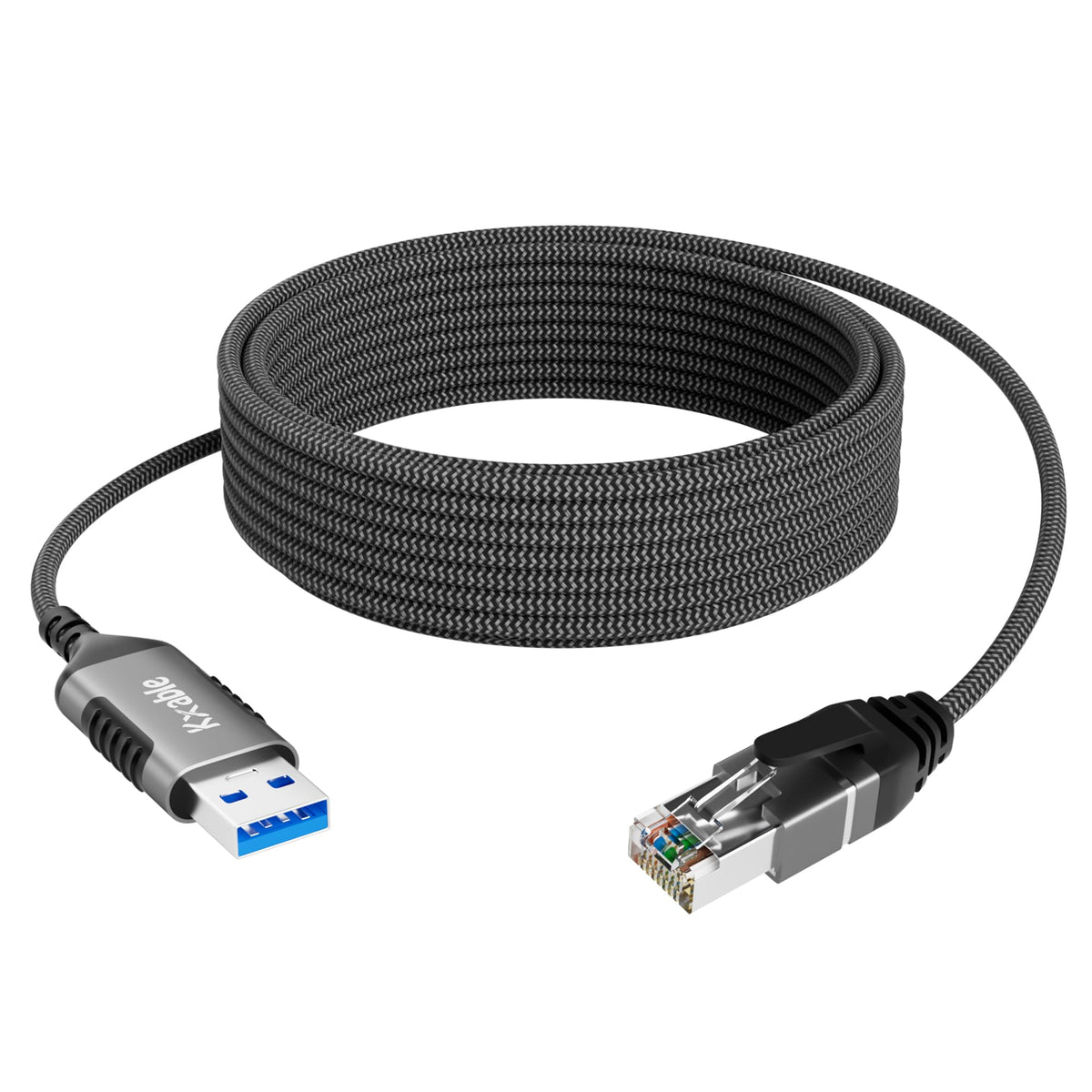 Kxable Slim Usb To Ethernet Cable 10 Ft, Usb 3.0 A To Rj45 Thin Cord, Directly Connected, Aluminum, Braided, Ofc, Usb To Rj45 Gi