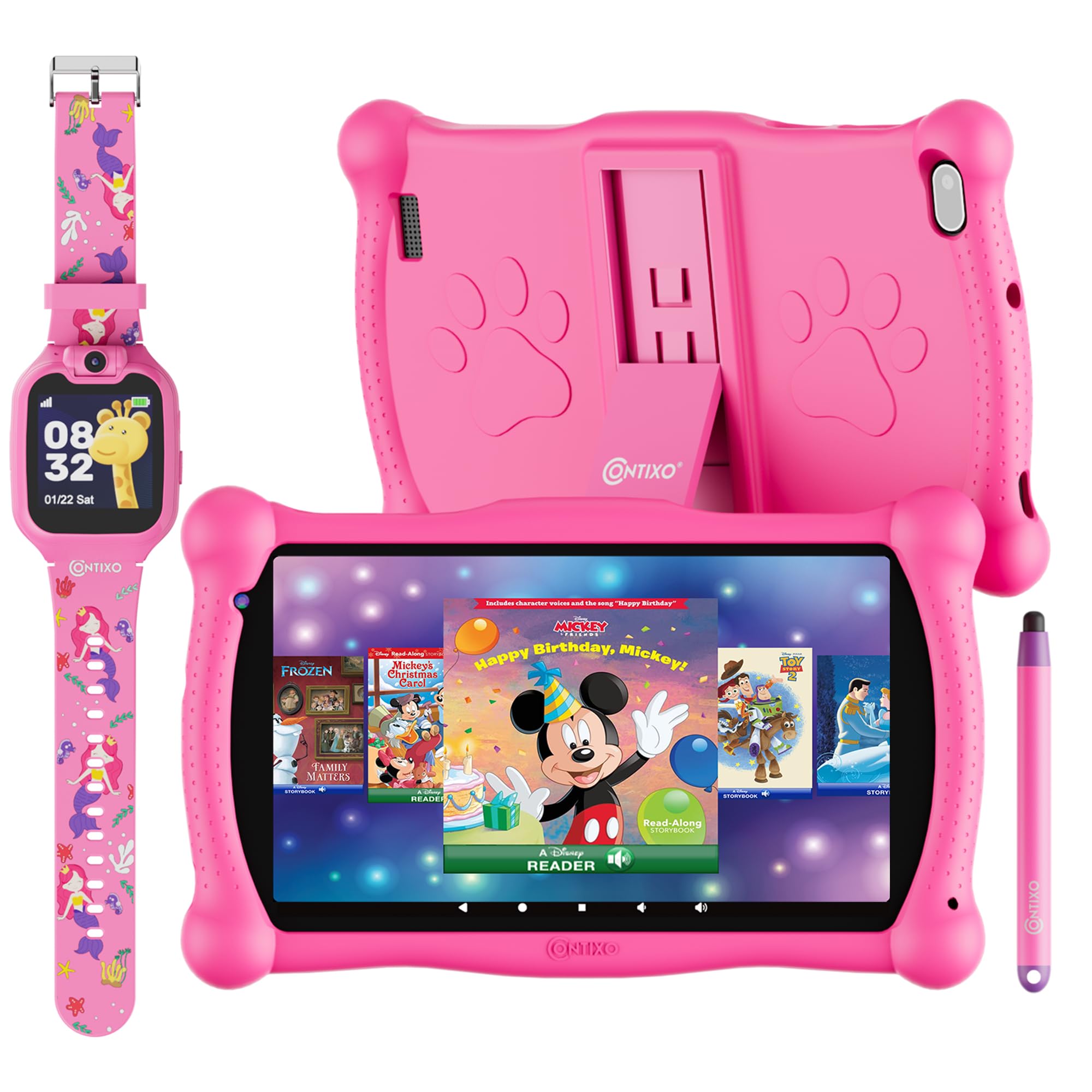 Contixo Kids Tablet & Smart Watch Bundle - V10 7 Inch 32GB, Learning Tablet Includes Disney Storybooks (Value $200) & Teacher-Ap