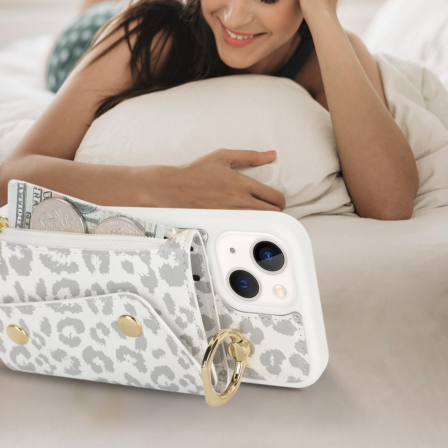 Lipvina For Iphone 13 Mini Case With Card Holder And Strap - Zipper Pocket,Crossbody Lanyard Strap,Credit Card Holder,Stand Ring