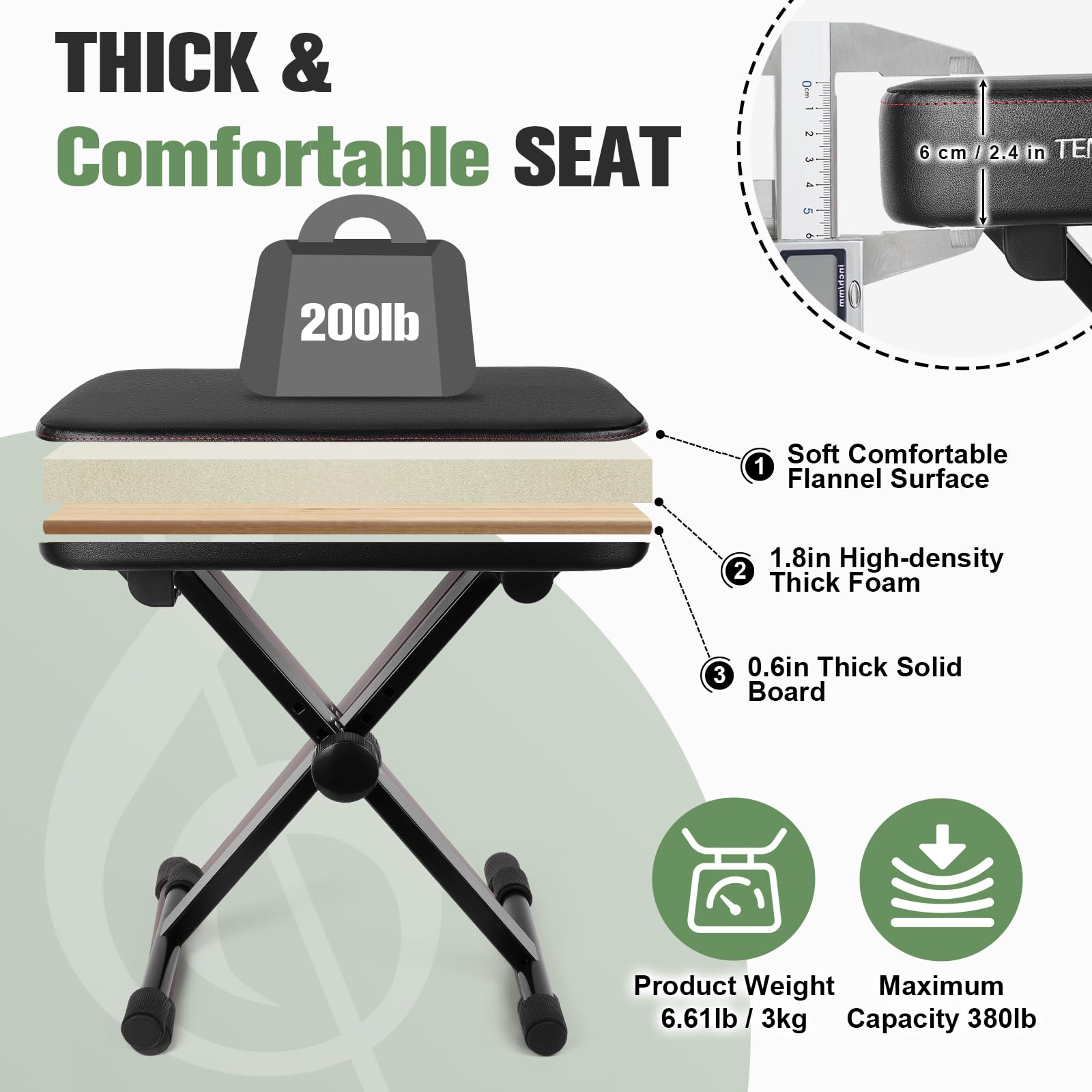 Tentoten Piano Bench Folding Piano Stool, Comfortable Memory Foam Piano Seat Adjustable Piano Chair With Flannel Top Padded Keyb