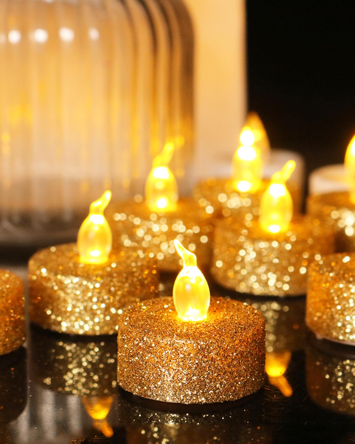 Oneihomm Gold Flameless Tealight Candles With Timer,Glitter Battery Operated Tea Lights For Event, Christmas Decorations,Anniver