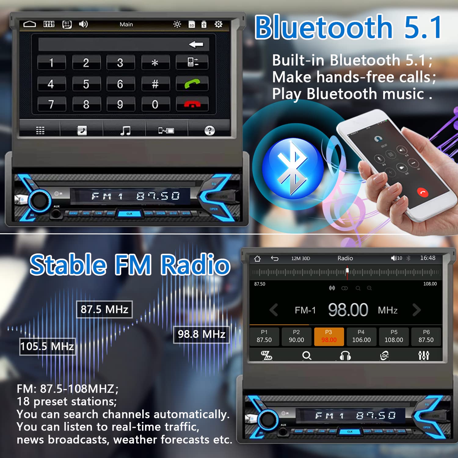 Naifay Single Din Car Stereo Compatible With Apple Carplay & Android Auto, 7Inch Flip Out Touchscreen Car Radio With Bluetooth F