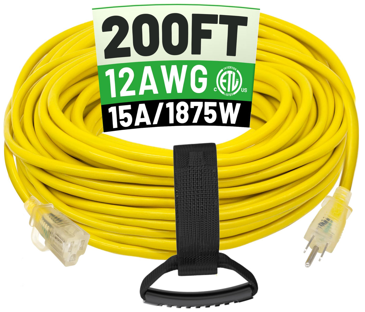Powgrn 200 Ft 12/3 Outdoor Extension Cord Waterproof Heavy Duty With Lighted End 12 Gauge 3 Prong, Flexible Cold Resistant Long
