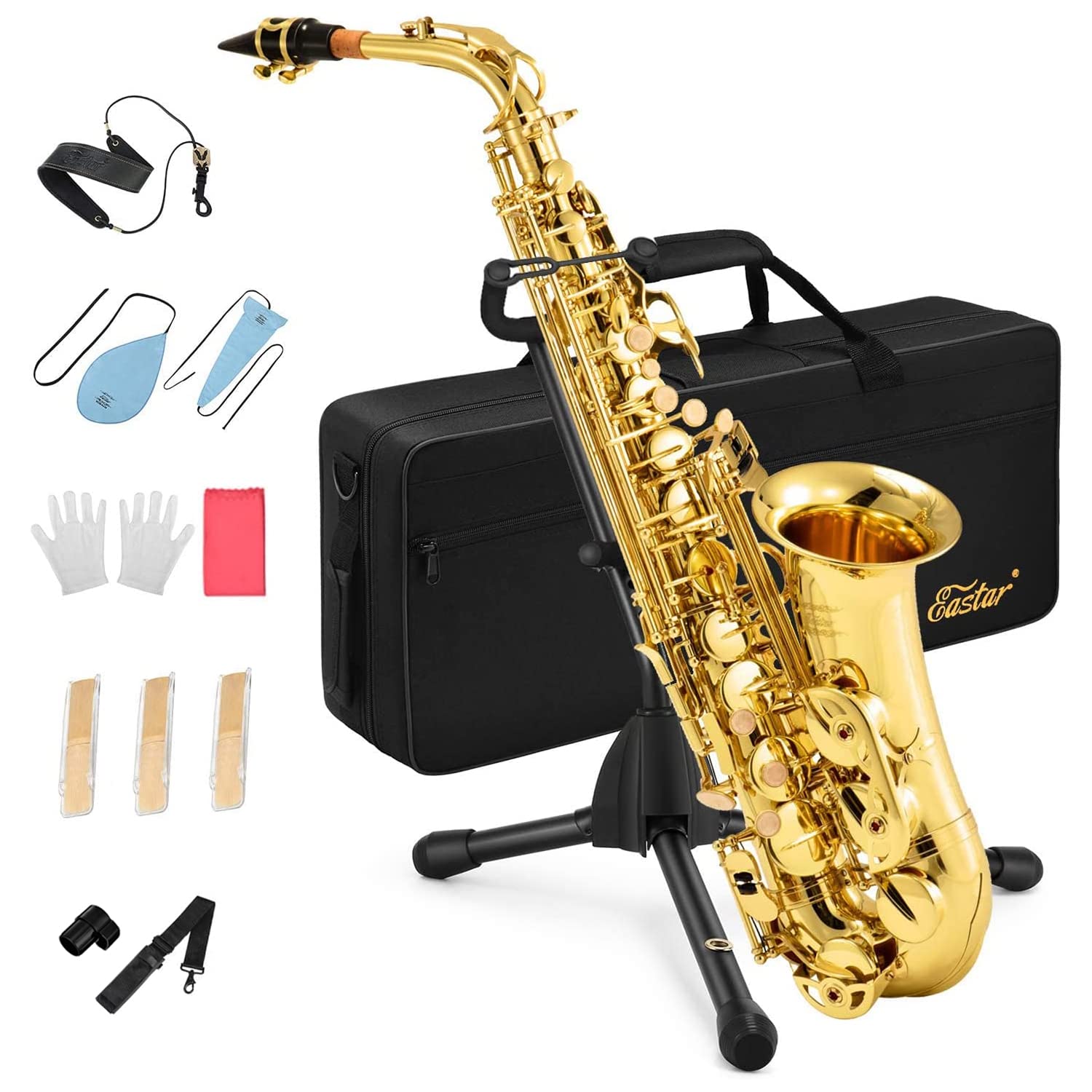 Eastar As ? Student Alto Saxophone E Flat Gold Lacquer Alto Beginner Sax Full Kit With Carrying Sax Case Mouthpiece Straps Reeds
