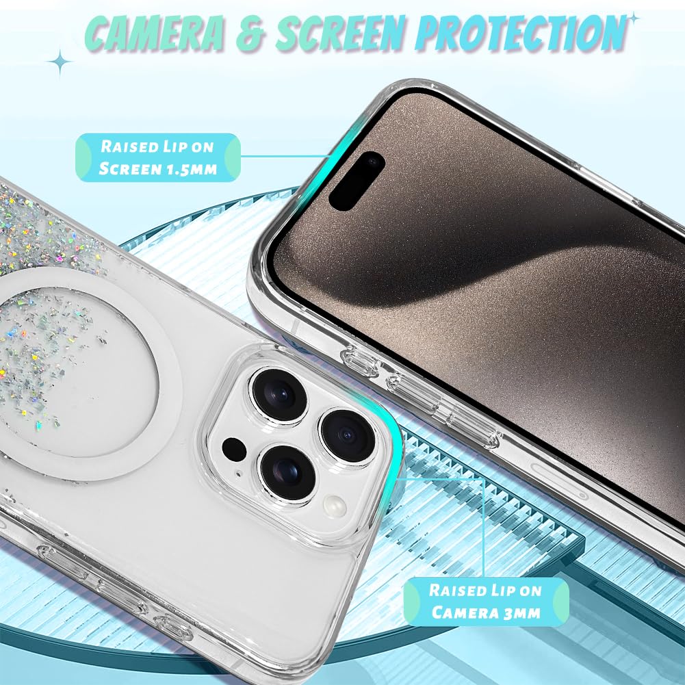 Bonoma For Iphone 15 Pro Case, Sparkly Glitter Bling Back, Magnetic Support For Magsafe Shockproof Case, Crystal And Clear High