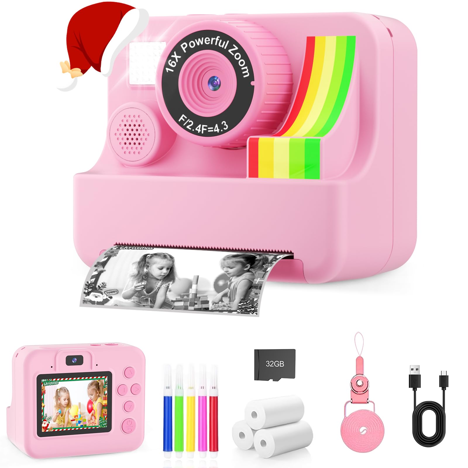 MVNHFSO 1080P Instant Digital Print Camera for Kids - Kids Camera for Girls and Boys, Ages 3-12, Portable Toy with 32GB SD Card 