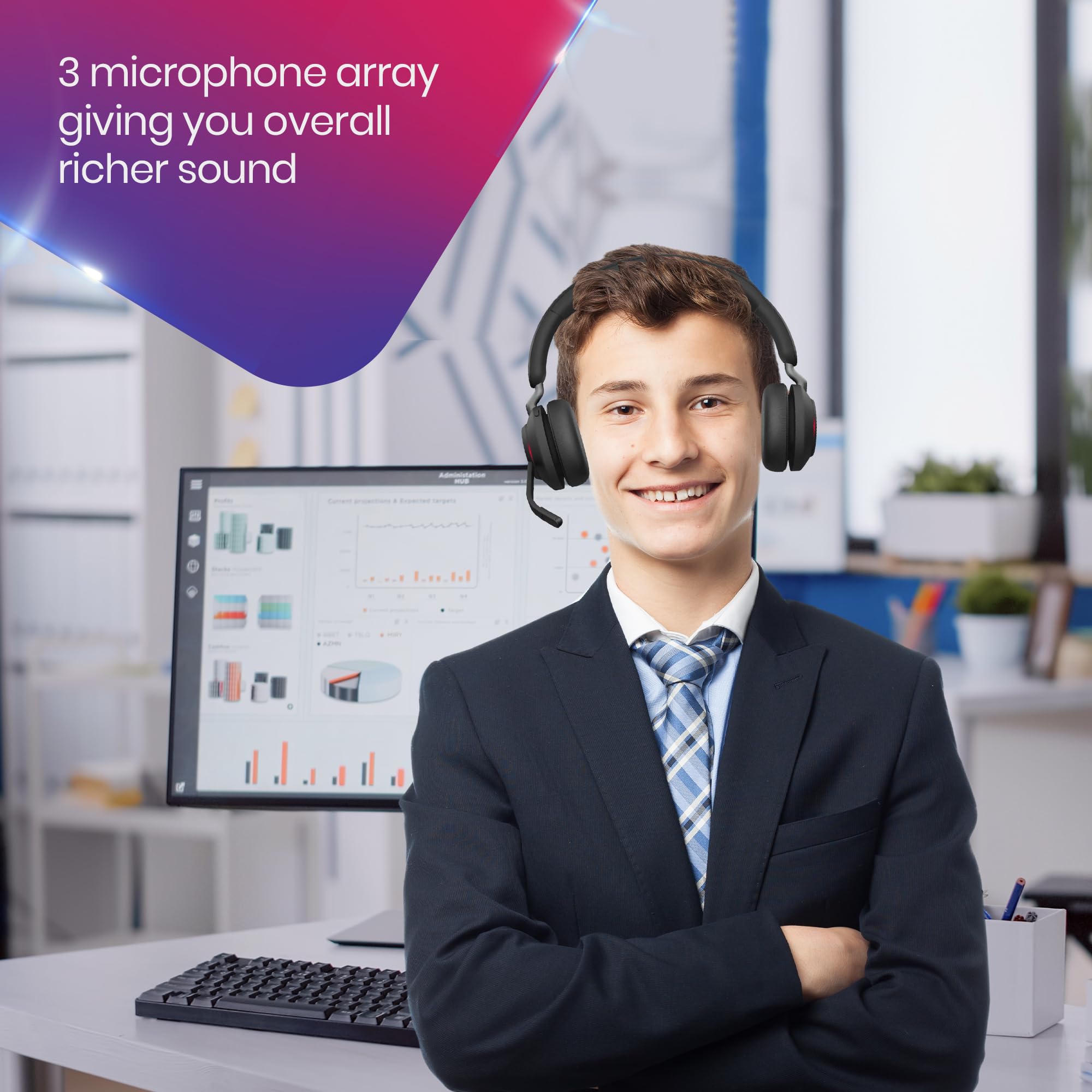 Evolve2 65 Wireless Headset Ms, Bluetooth Dongle, Compatible With Zoom, Teams, Webex, Laptop, Phone Calls, Vonage, 8X8, 26599-99