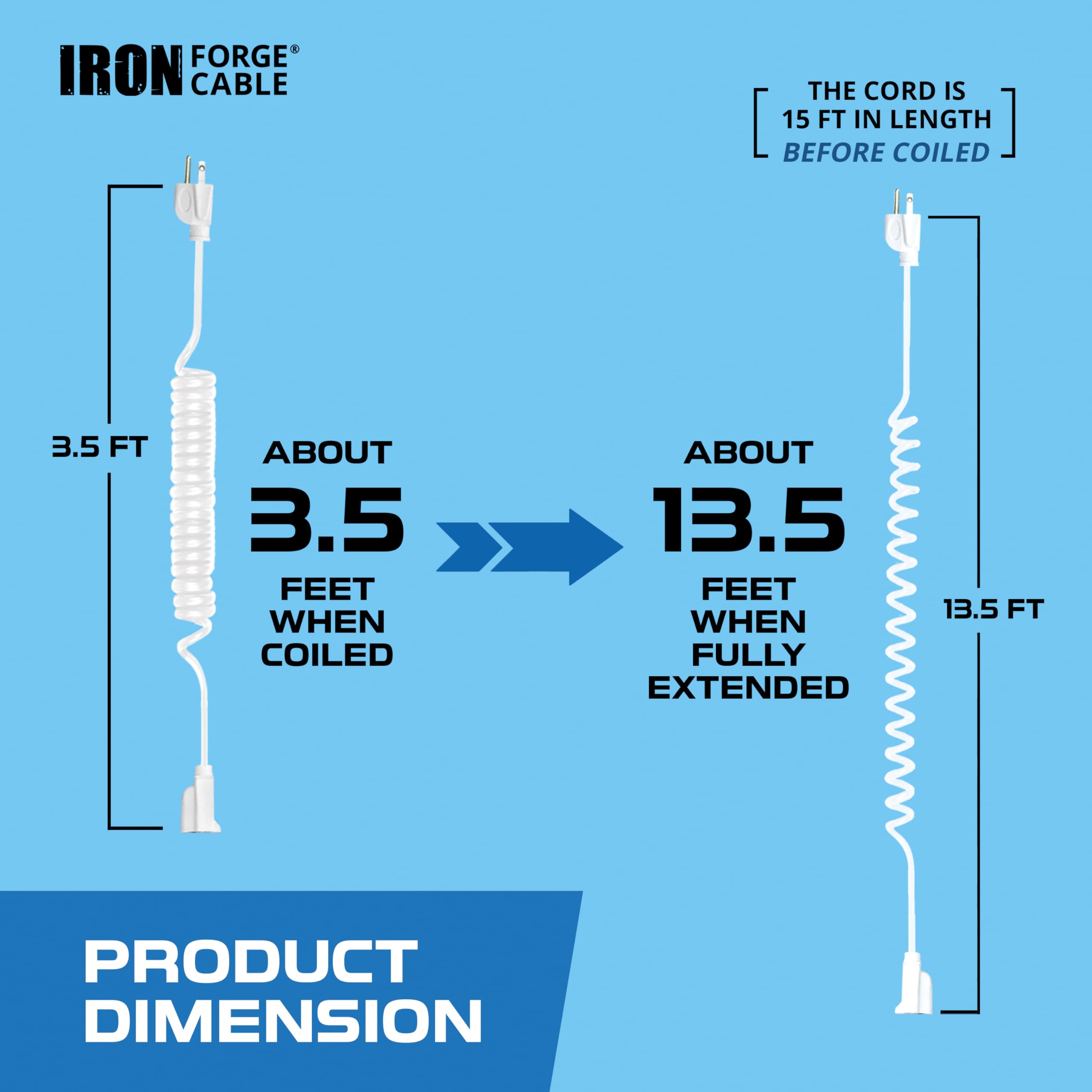 Iron Forge Cable 15Ft White Coiled Outdoor Extension Cord   16/3 Sjeow Oil Resistant & Flame Retardant 3 Prong 13 Amp Power Cord