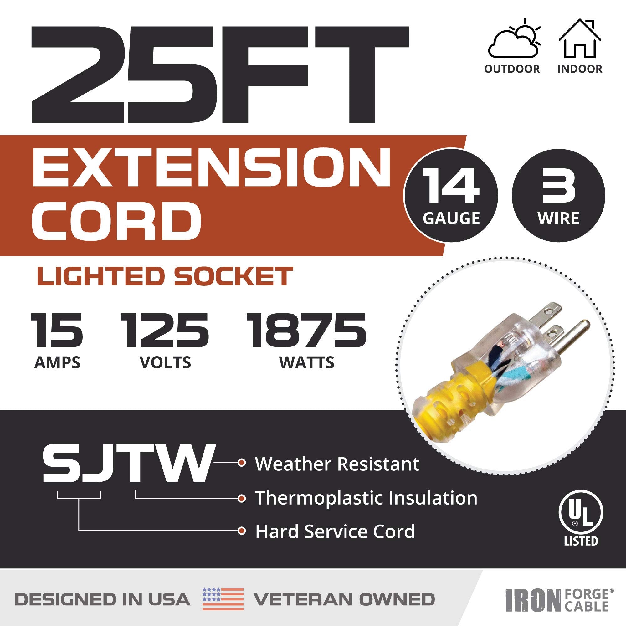 Iron Forge Cable Lighted Outdoor Extension Cord 25 Ft   14 Gauge 15 Amp Heavy Duty Power Extension Cords   Sjtw   Great For Majo