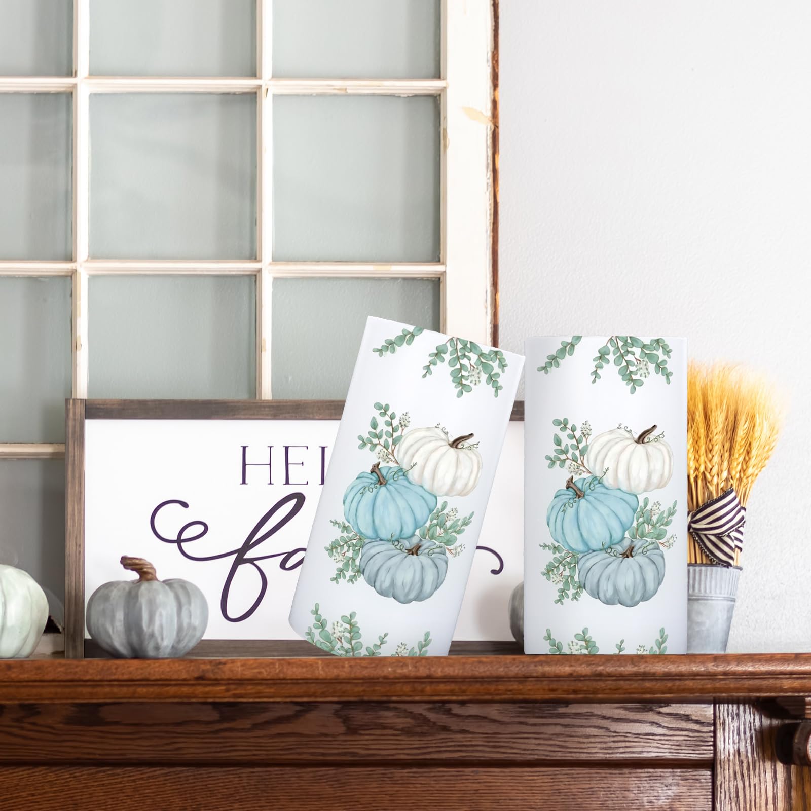 Whaline Fall Led Flameless Candles Blue Pumpkin Warm Light Battery Operated Pillar Candles Autumn Electric Flickering Candles Fo