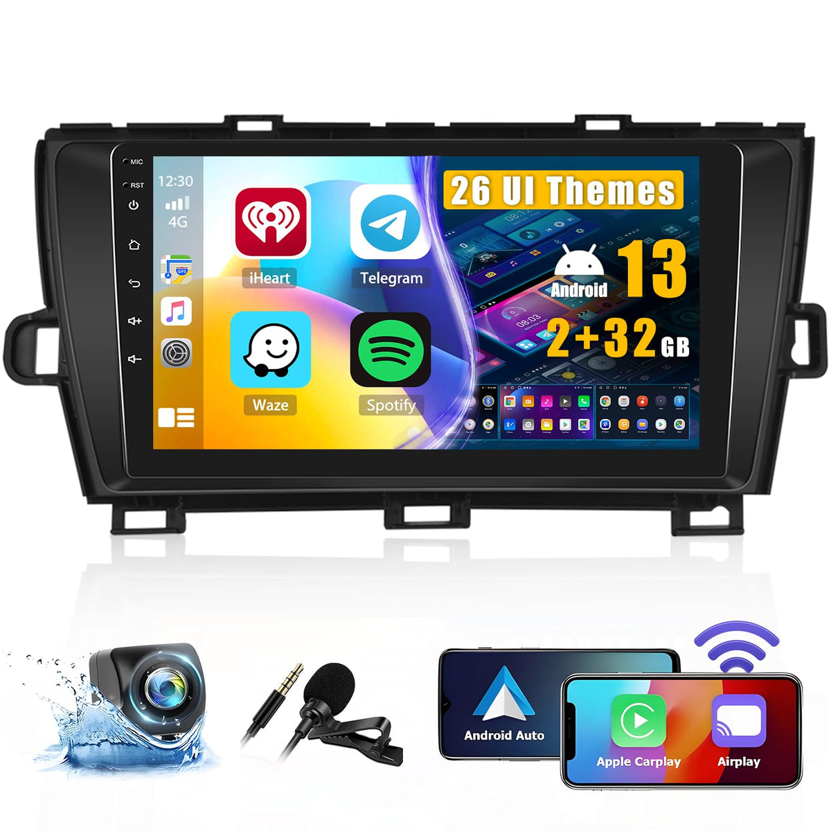 Roinvou 2+32G Android Carplay Stereo For 2010 2015 Toyota Prius Radio(Lhd), 9'' Touch Screen In Dash Gps Navigation With Built I