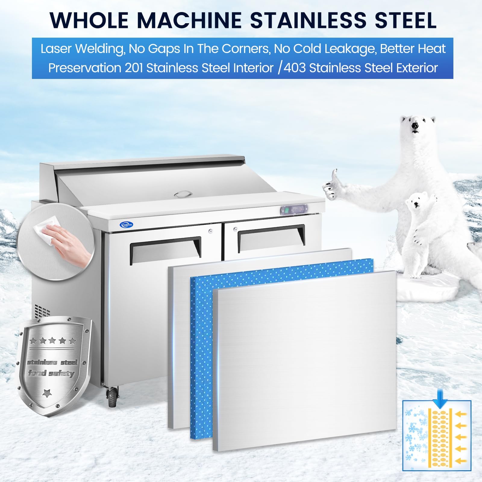 Kalifon 60'' W 2 Door Refrigerator Sandwich Salad Prep Table Commercial Stainless Steel Fan Cooling Refrigerator With Cutting Bo