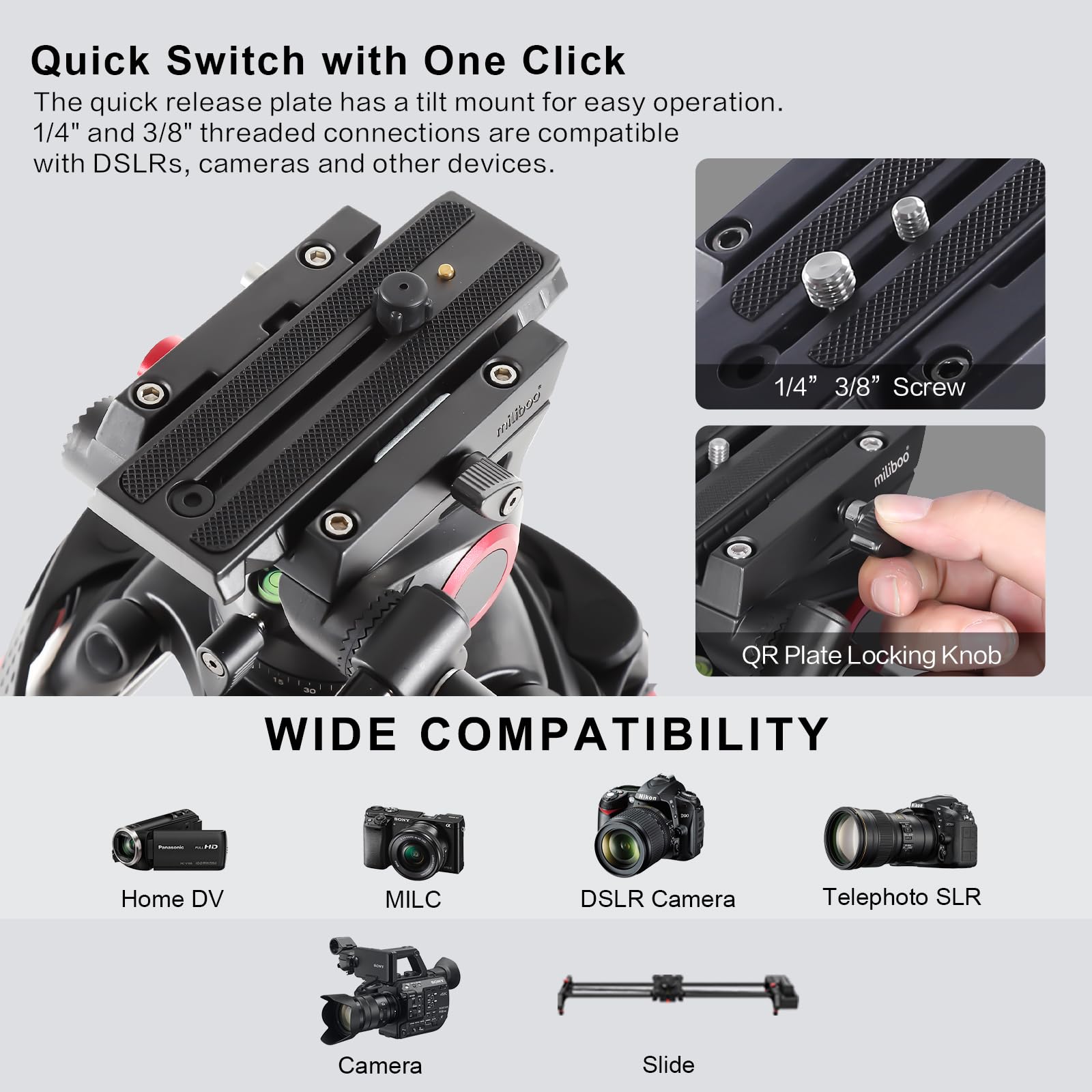 Miliboo Mtt605A Professional Heavy Duty Tripod With Smooth Damping System,One Button Quick Release,Thickened Legs For Camera/Live Streaming/Outdoor Shooting, Ideal For Photographers/Videographers