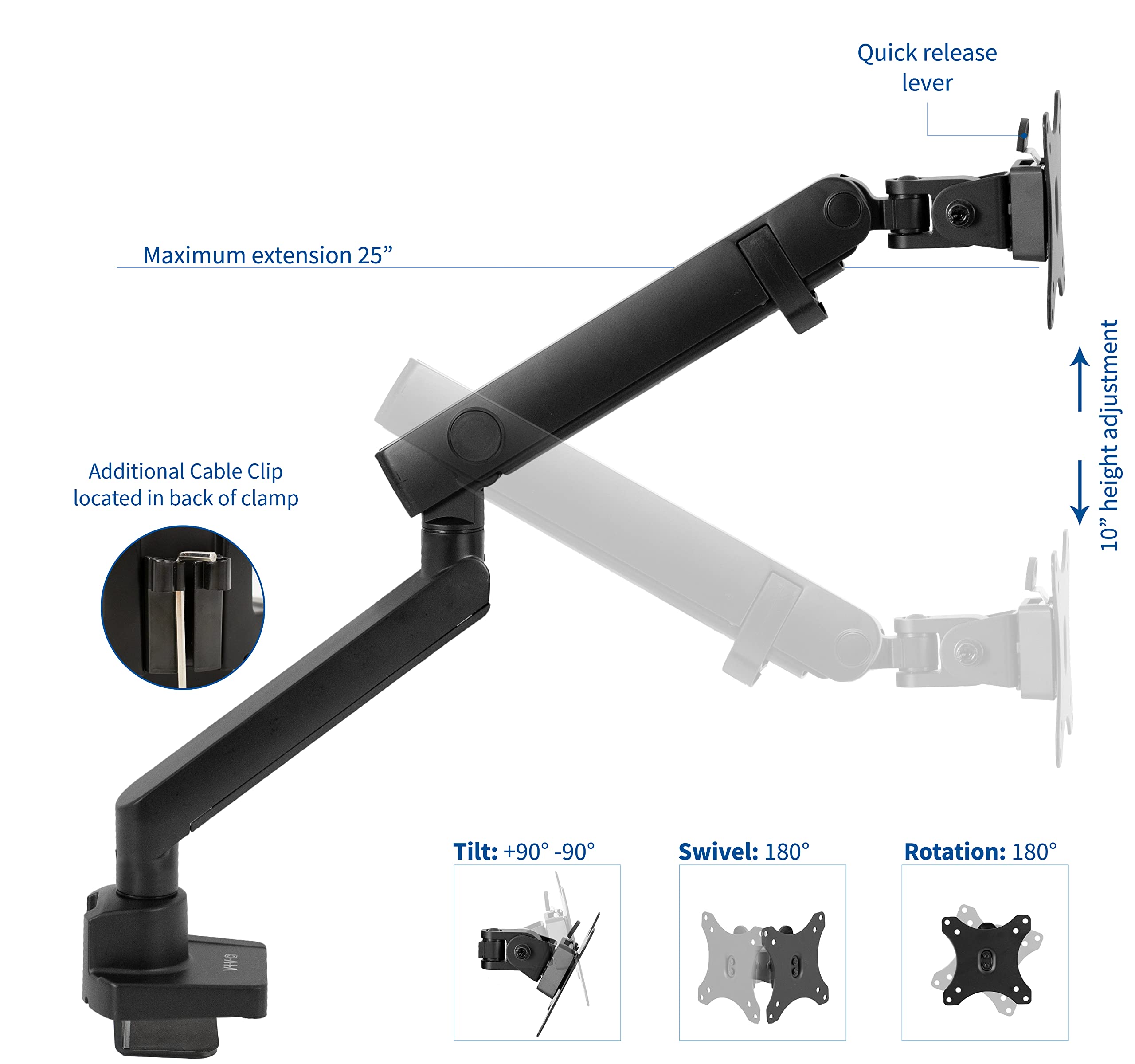 Vivo Premium Aluminum Full Motion Single Monitor Desk Mount Stand With Lift Engine Arm, Fits Screens Up To 32 Inches, Stand V101