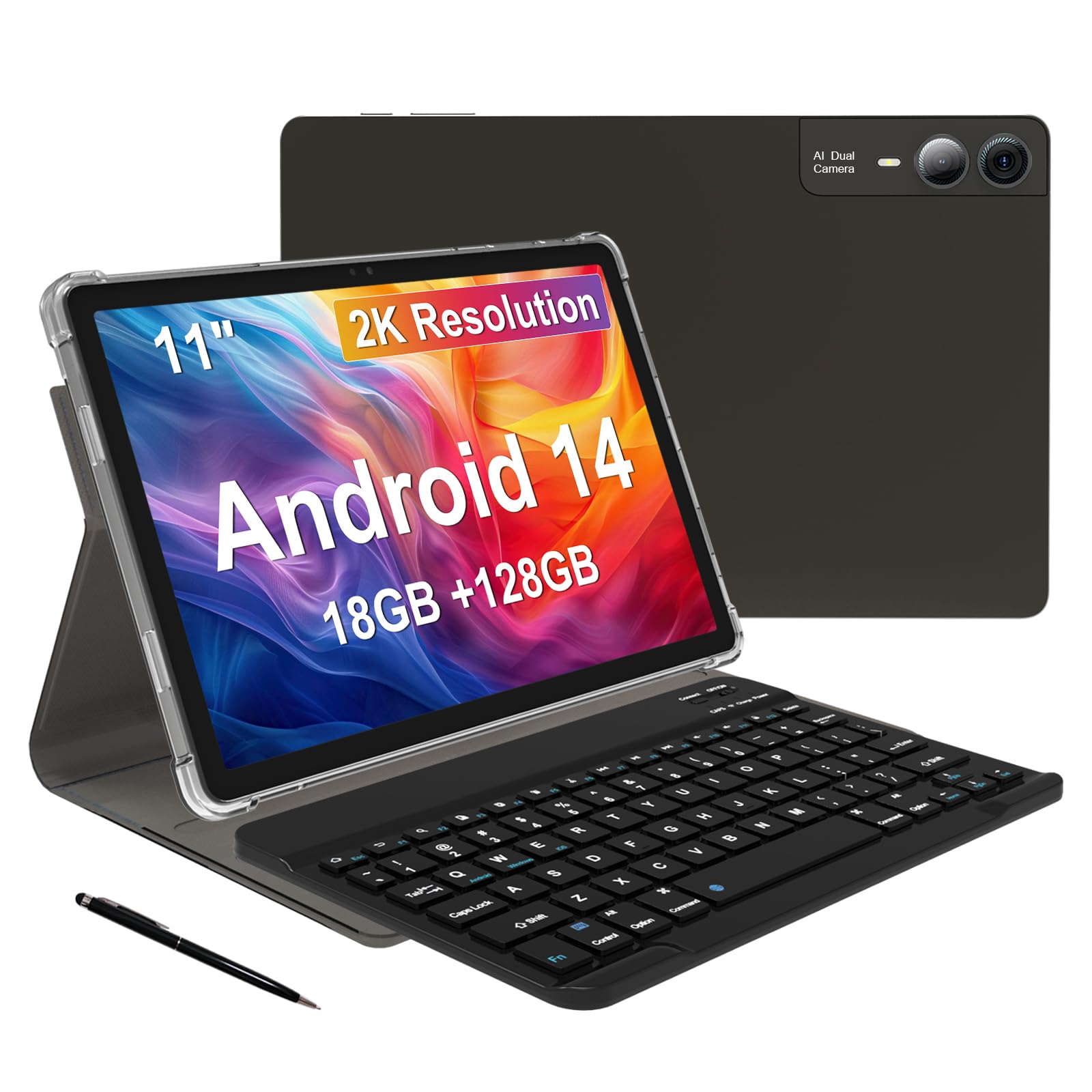 11 inch Tablet Android 14 2000*1200 2K Display Tablets PC, T616 Octa-Core 2.0GHz, 18GB RAM 128GB ROM 1TB Expandable, 5+5+13MP AI
