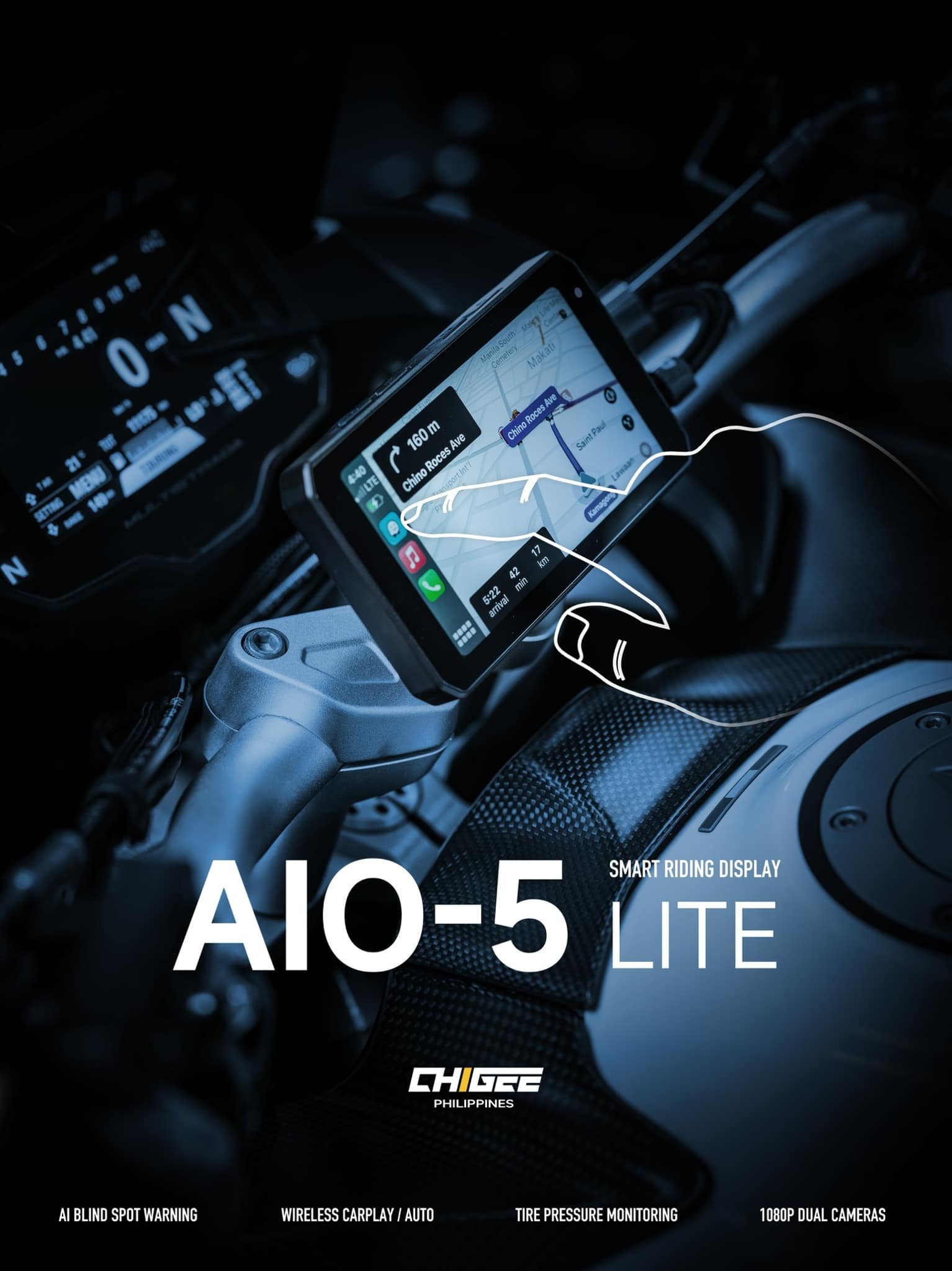Chigee Aio 5 Lite Motorcycle Carplay Android Auto Gps Navigation System, Bsd, Starvis Hdr 5'' Lcd, 60Fps,5G Wi Fi Bt, Ip67 Water