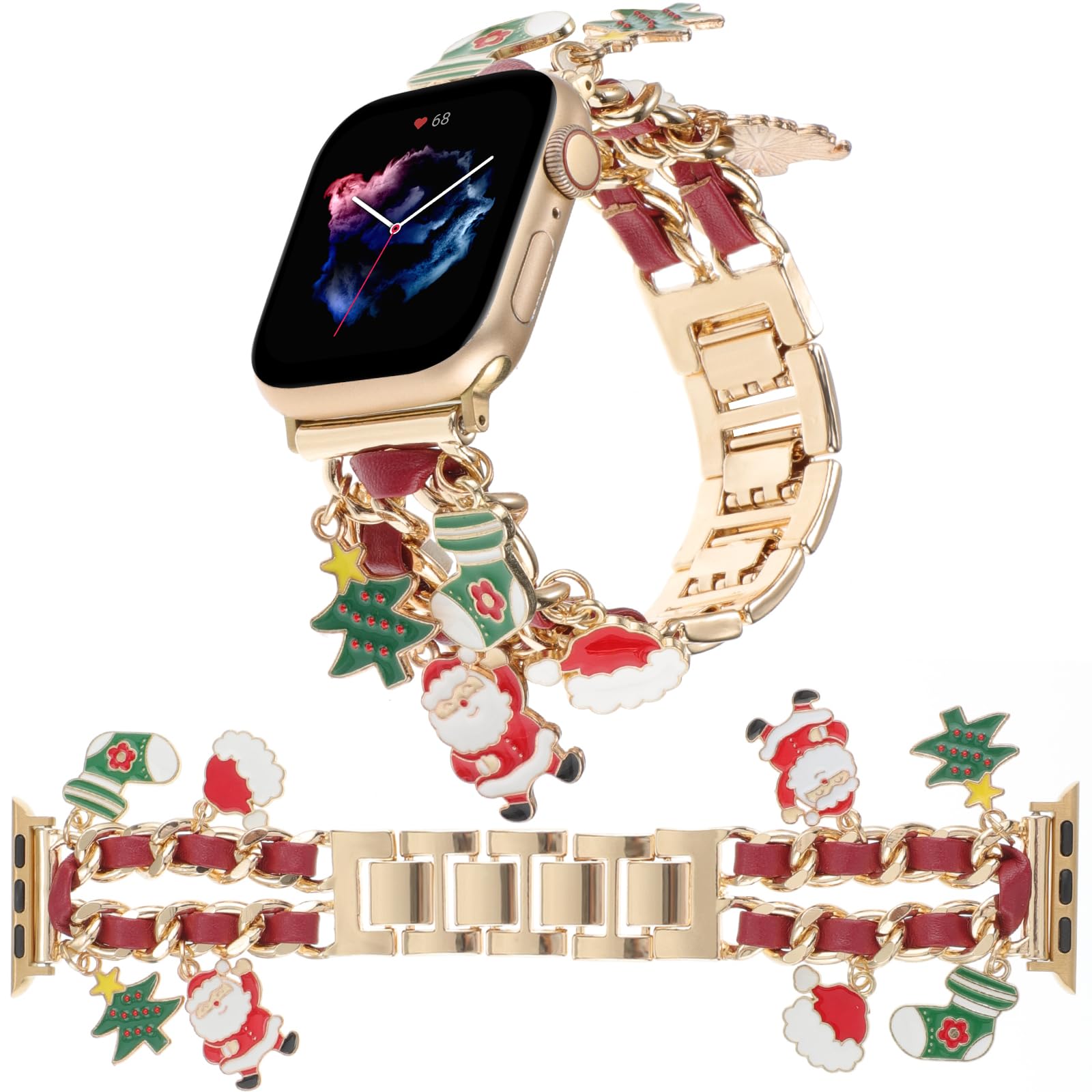Realsign Stylish Metal Wristband Compatible With Apple Watch Band 38Mm 40Mm 41Mm,Cuban Chain With Christmas Tree Santa Claus Pen