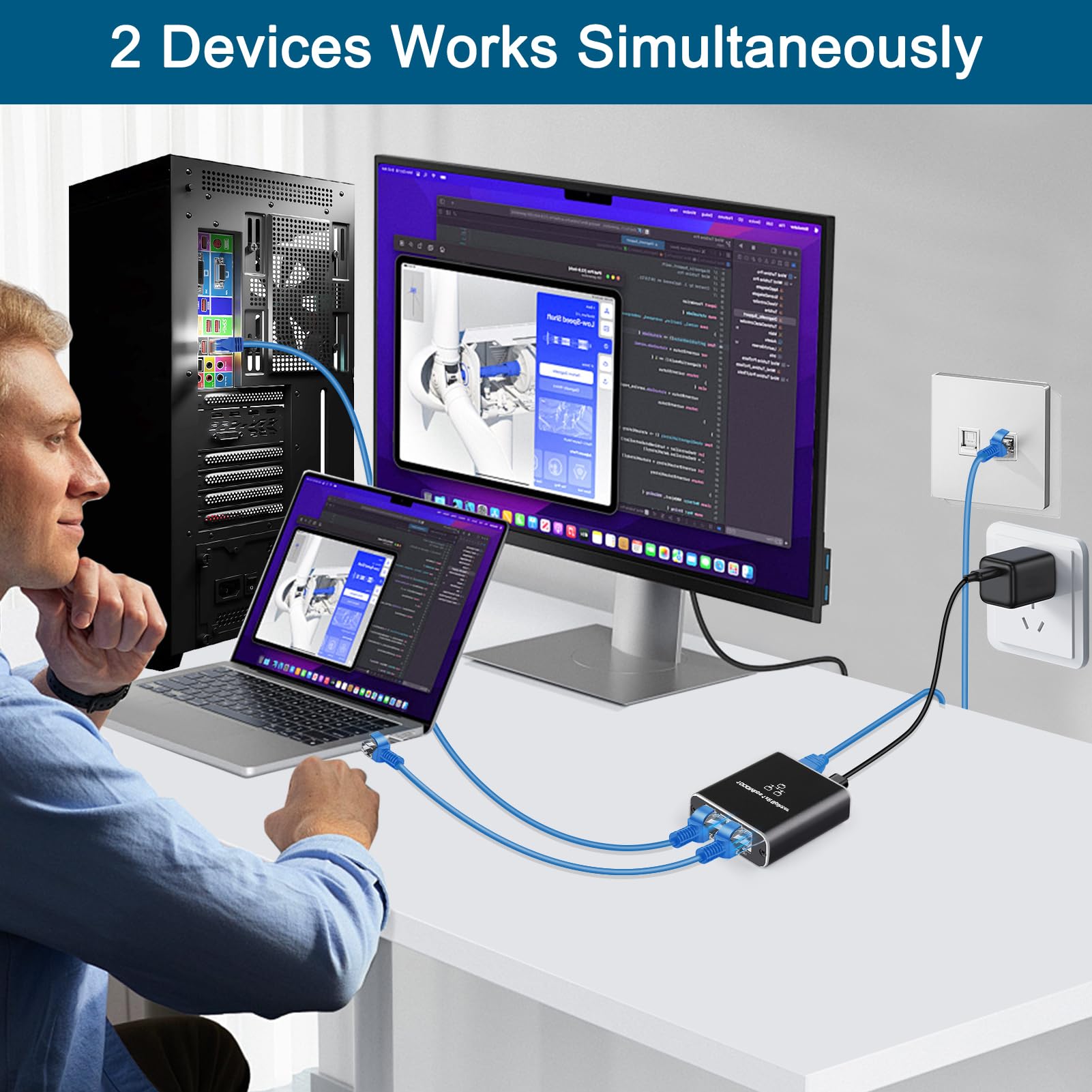 Ankey Ethernet Splitter 1 To 2 High Speed 1000Mbps, Ethernet Cable Splitter, Internet Splitter With Usb Power Cable, Ethernet Po