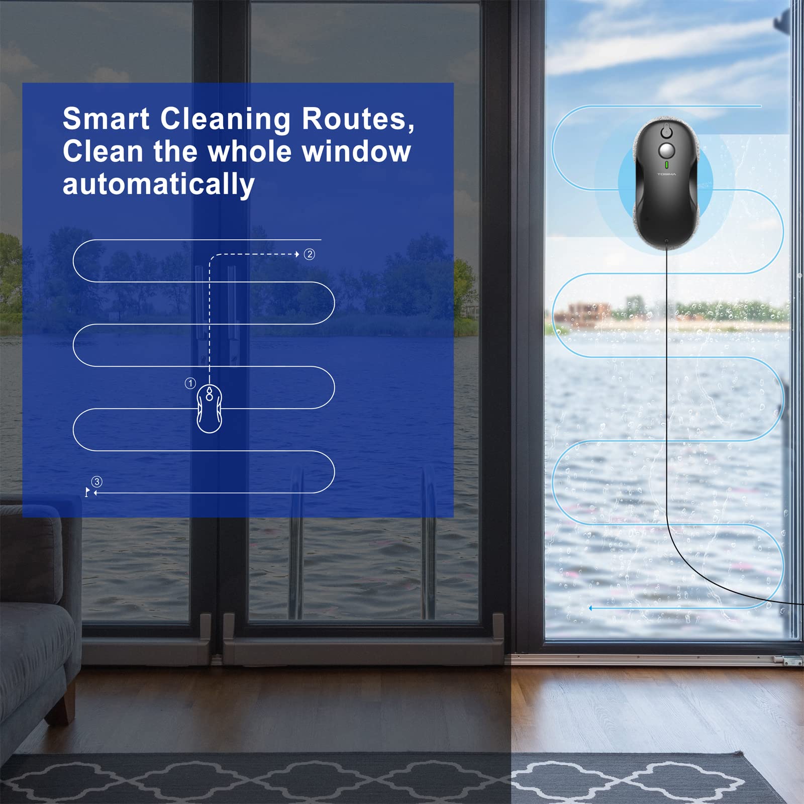 Tosima W3 Window Cleaning Robot   Dual Direction Auto Spray Smart Window Cleaner With Triple Safety System, Smart Navigation, Re
