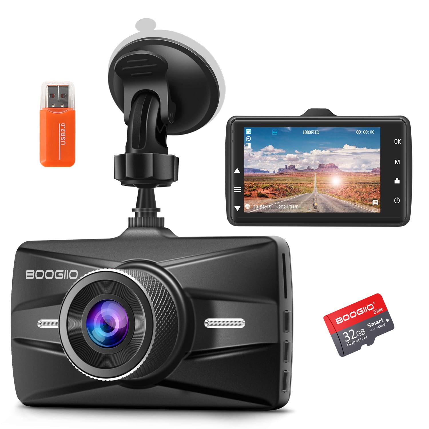 Dash Cam Front With 32G Sd Card, Boogiio 1080P Fhd Car Driving Recorder 3'' Ips Screen 170Wide Angle Dashboard Camera Aluminum A
