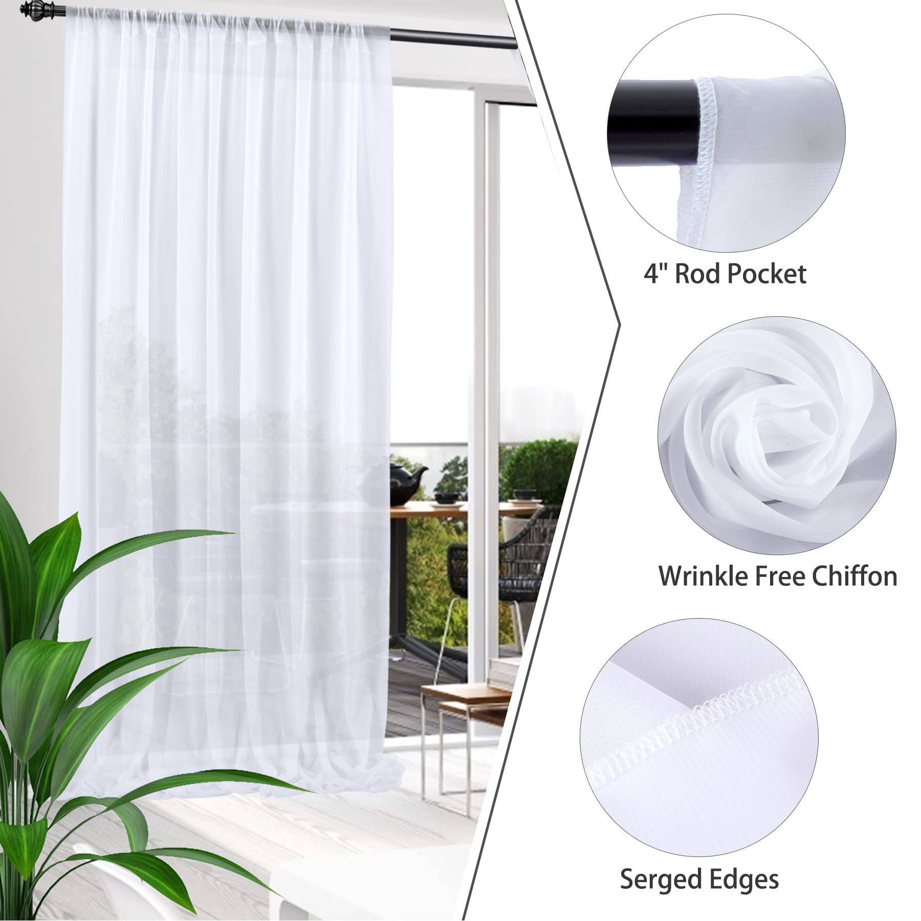 10Ft X 10Ft White Chiffon Backdrop Curtains, Wrinkle Free Sheer Chiffon Fabric Curtain Drapes For Wedding Ceremony Arch Party St