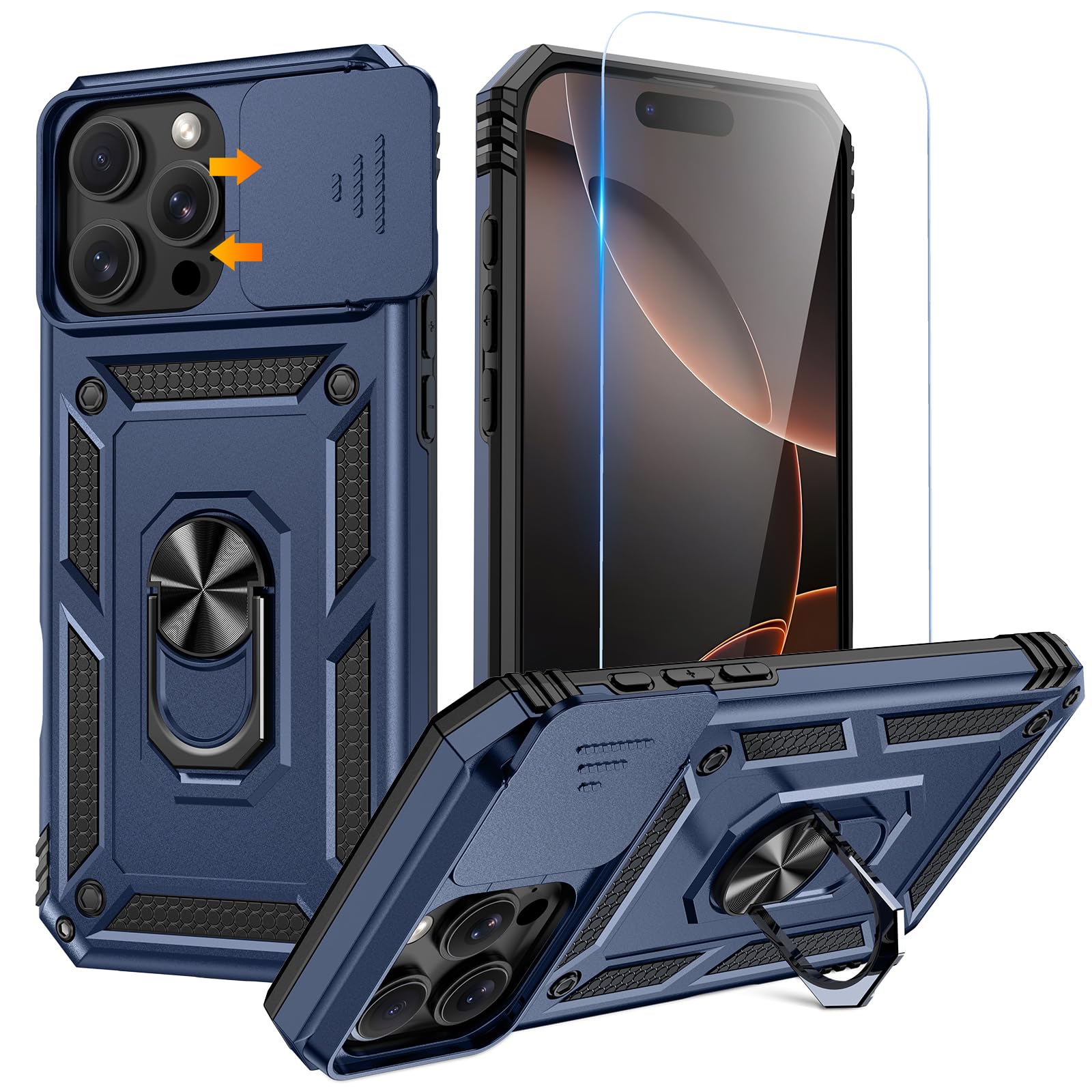 Goton Compatible For Iphone 16 Pro Max Case With Screen Protector   Slide Camera Cover Protective Phone Case With Ring Stand, He