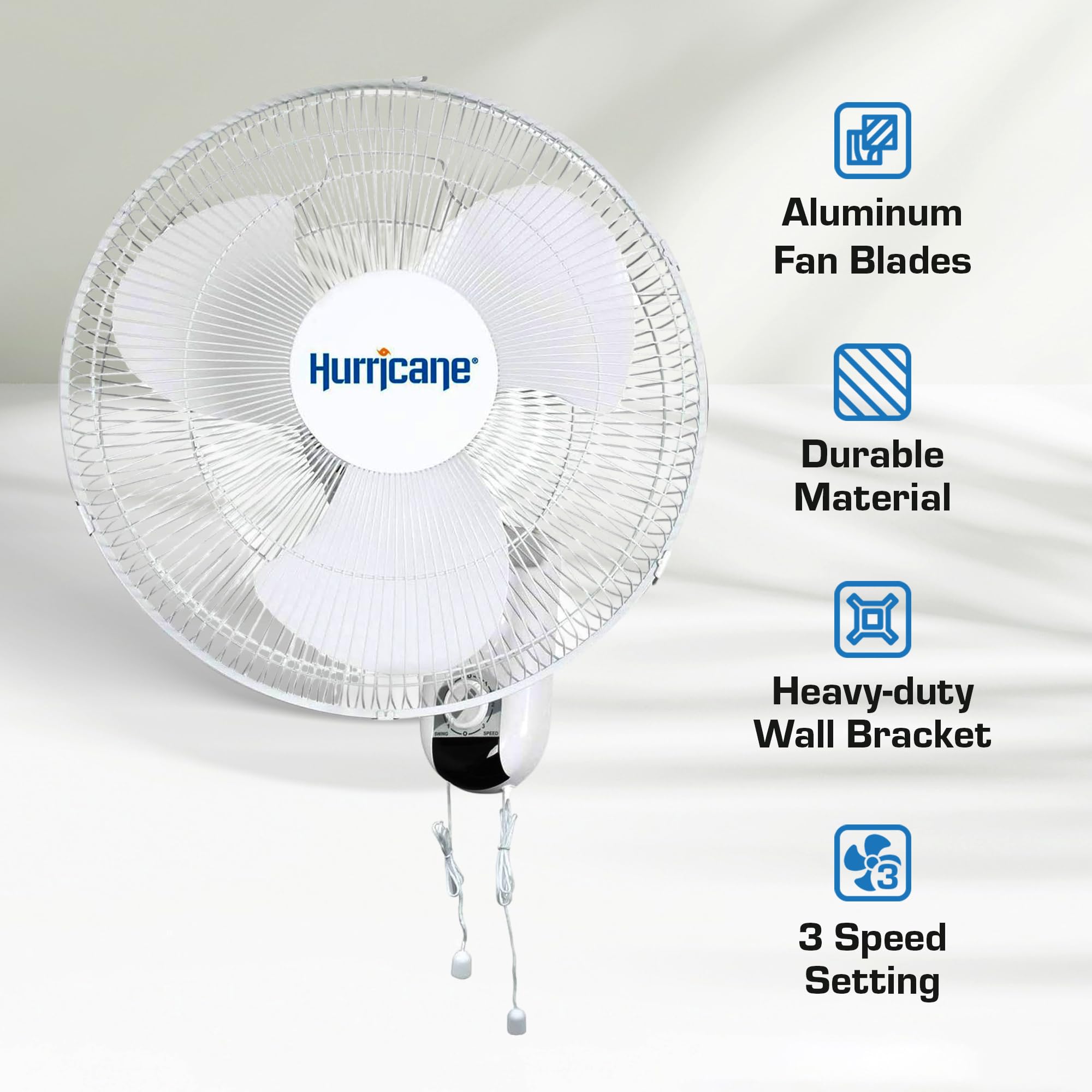 Hurricane Classic 16'' Wall Mount Oscillating Fan   Powerful 3 Speed Airflow, Quiet Operation, Adjustable Tilt For Home, Office,