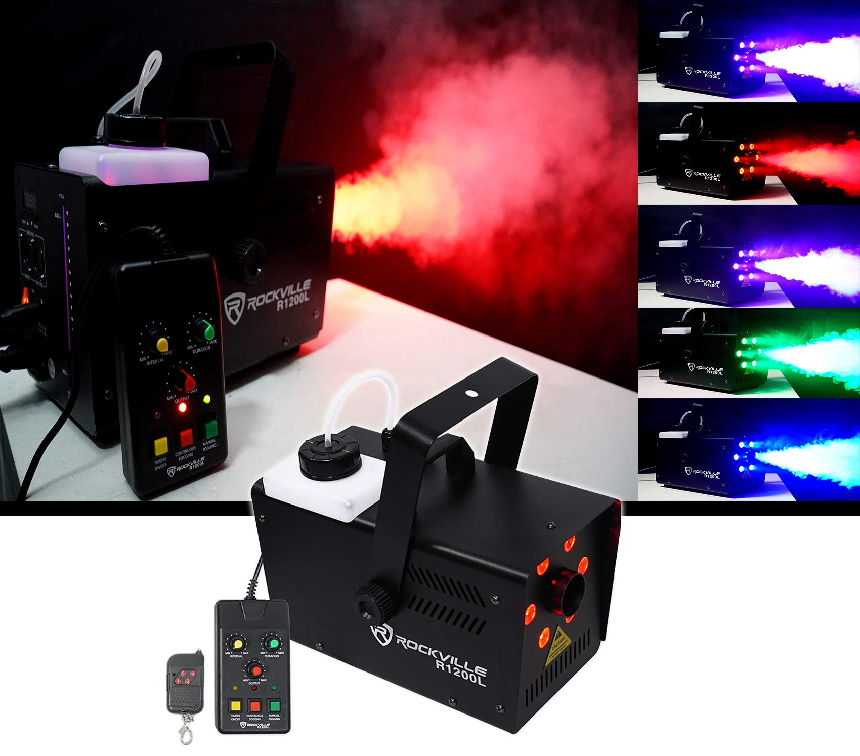 Rockville R1200L Fog/Smoke Machine With Rgb Lights, Sound Activated, 2 Remotes, Dmx Control, 12,000 Cfm, Carry Bag, Perfect For