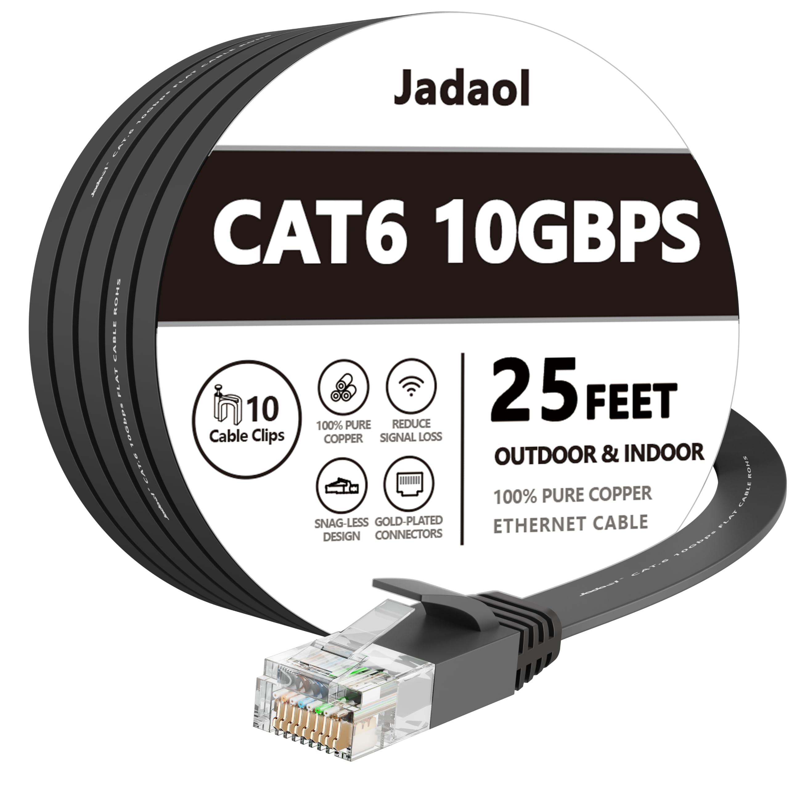 Cat 6 Ethernet Cable 25 ft, Outdoor&Indoor 10Gbps Support Cat7 Network, Flat Internet RJ45 LAN Patch Cords, Solid Cat6 High Spee