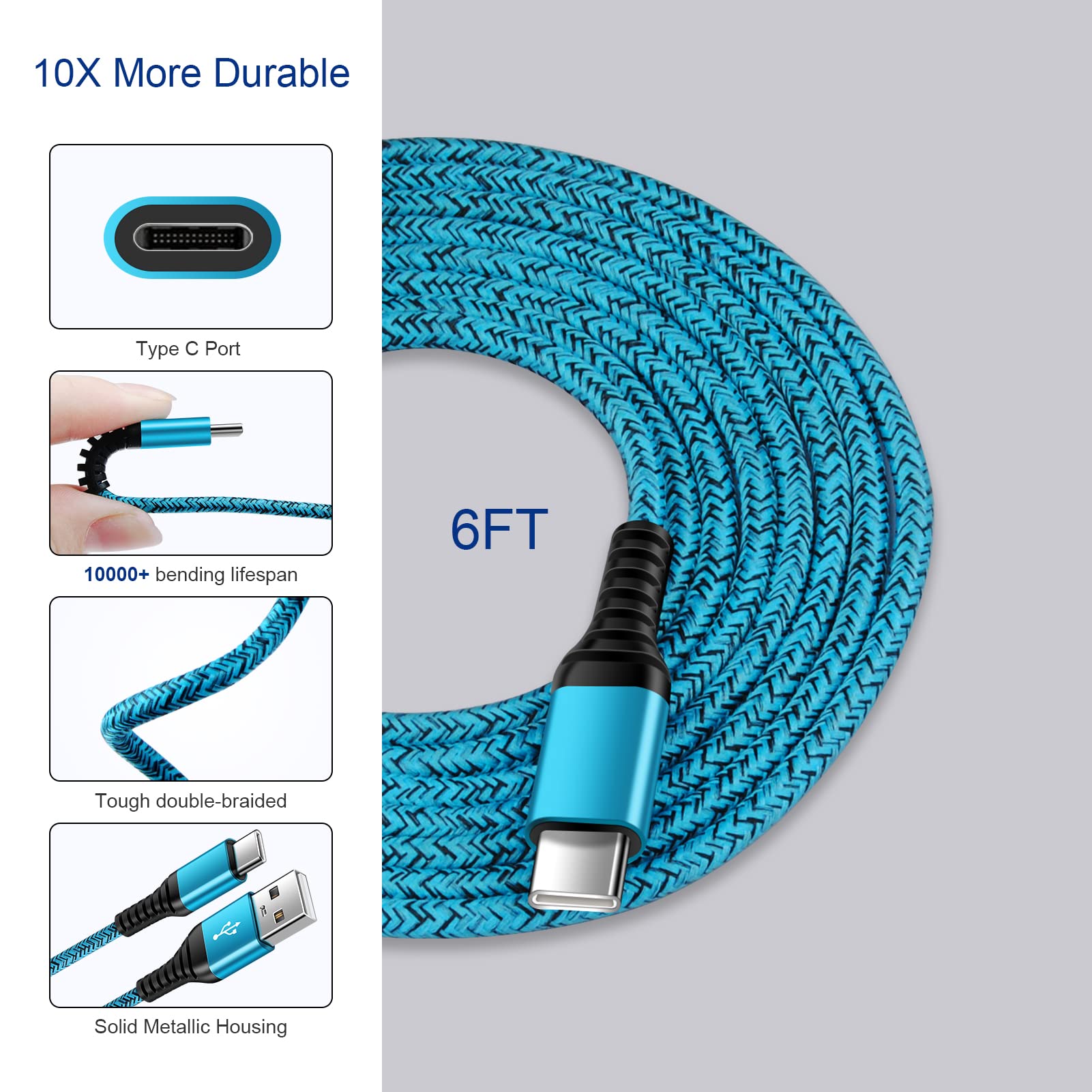 Flecom QC3.0 18W Type C Fast Charger Kit for Samsung Galaxy Phones - Wall Block, Car Charger & 6FT USB C Cable Black Blue