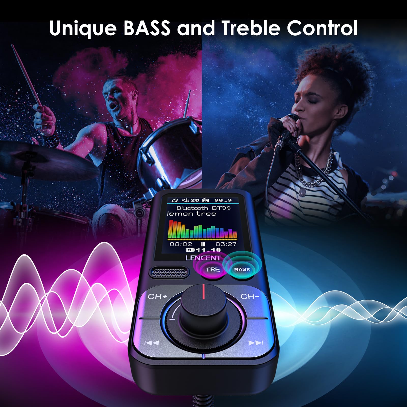 Lencent Bluetooth 5.0 Fm Transmitter For Car, Aux Car Radio Adapter, Big Color Screen, Mp3 Music Player Tre&Bass Booster, Qc3.0